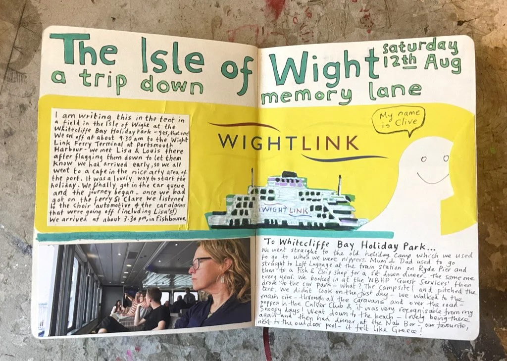 The first page of a camping trip to The Isle of Wight on a ferry in August 2023.