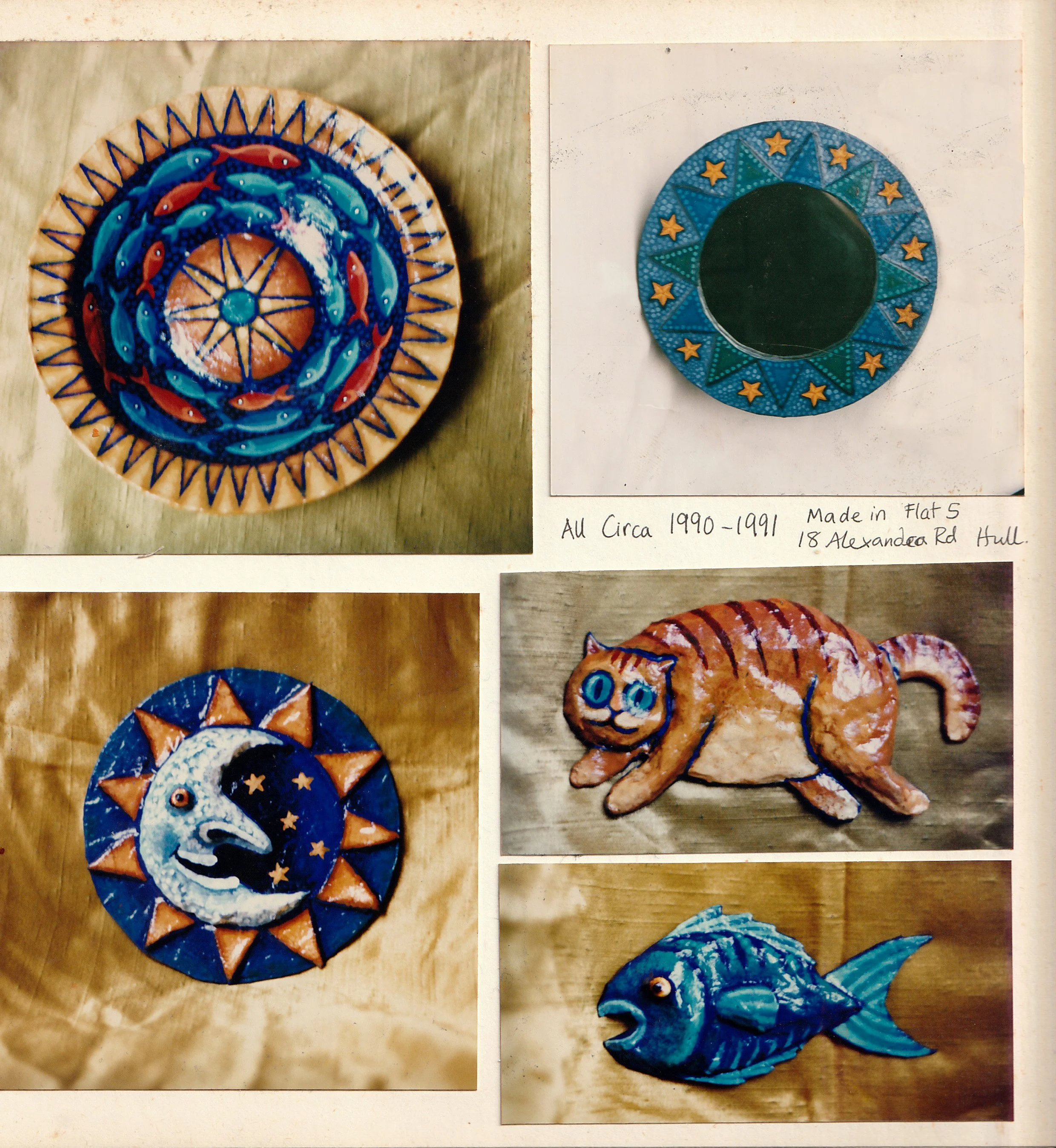 These are some of the first papier maché objects that I made in 1990-1991. I started off making bowls which I illustrated with pattern designs, and wall plaques. 