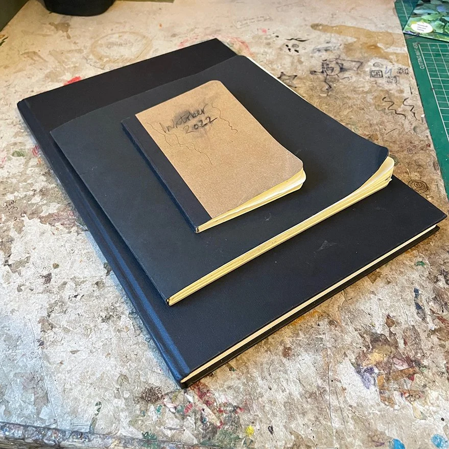 These are the books I use for the Inktober daily sketching challenge. I start with a small notebook for initial ideas, a moleskine art block for the artworks and an A4 sketchbook for the working out/visual stages.