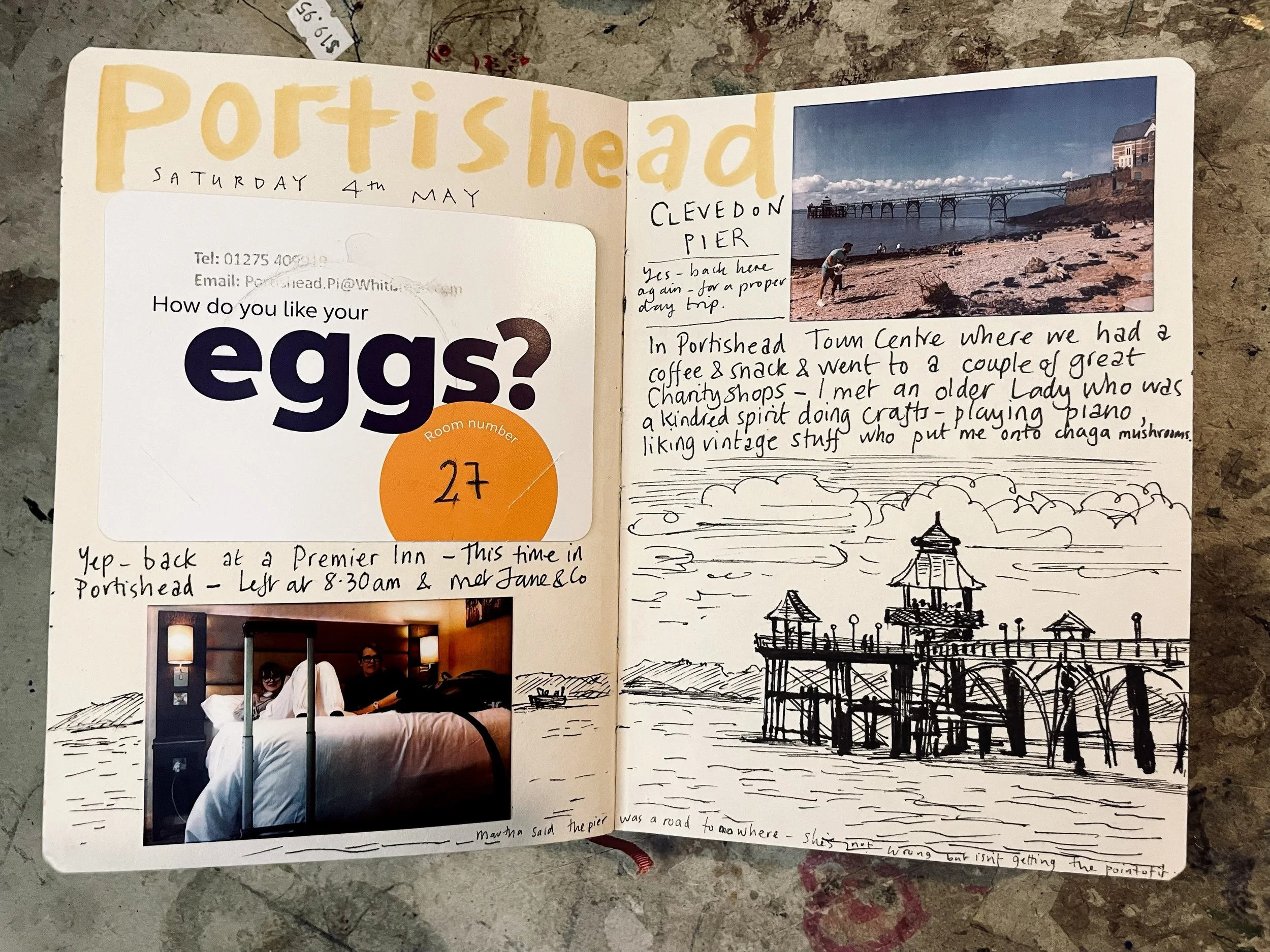 This is the first double page spread from a short visit to Portishead and Clevedon. I used my new instant camera to add photos as I went along, which is a really useful tool.