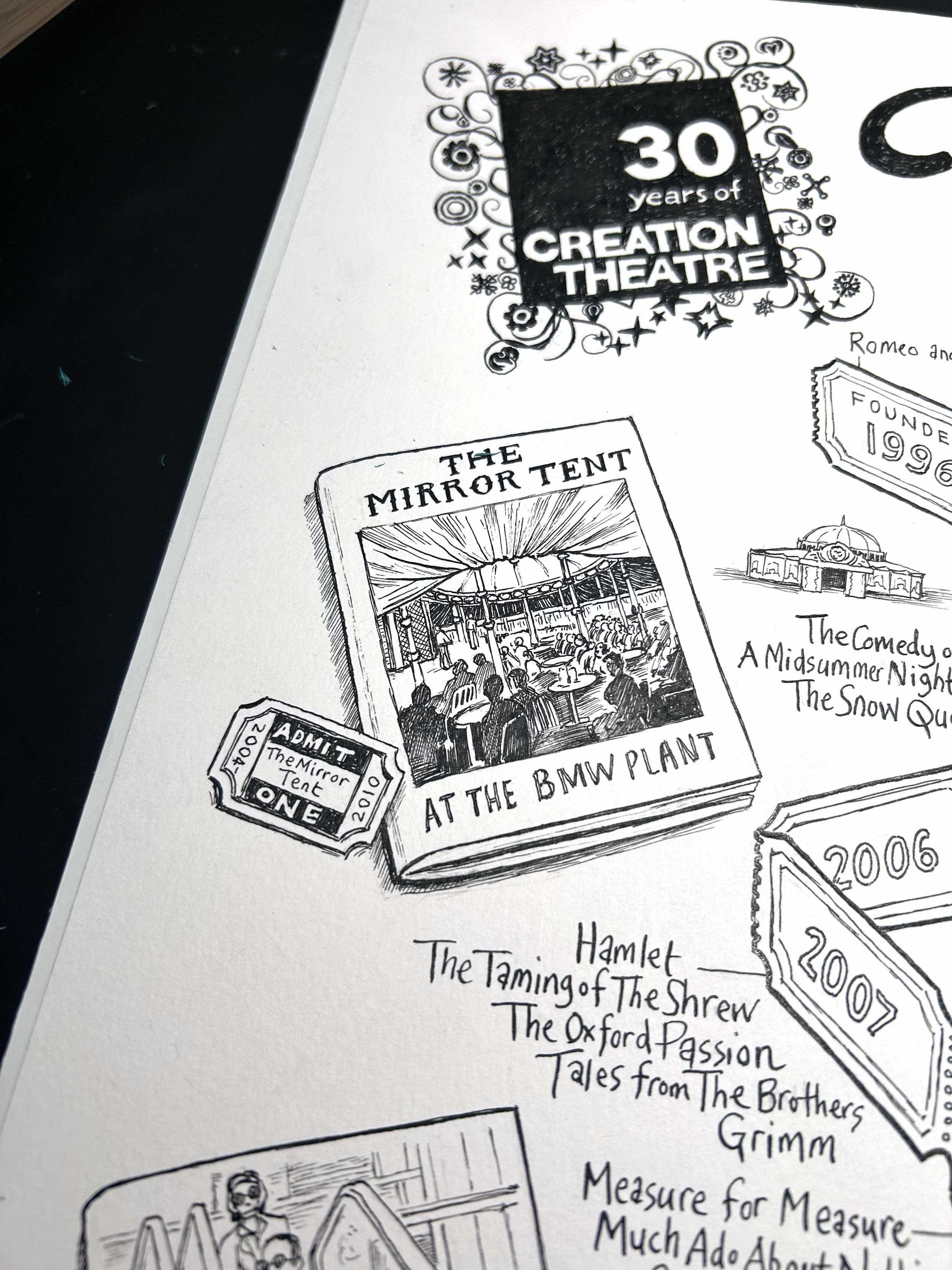 The mirror tent, one of the hero images, depicted on a theatre programme with matching theatre ticket.