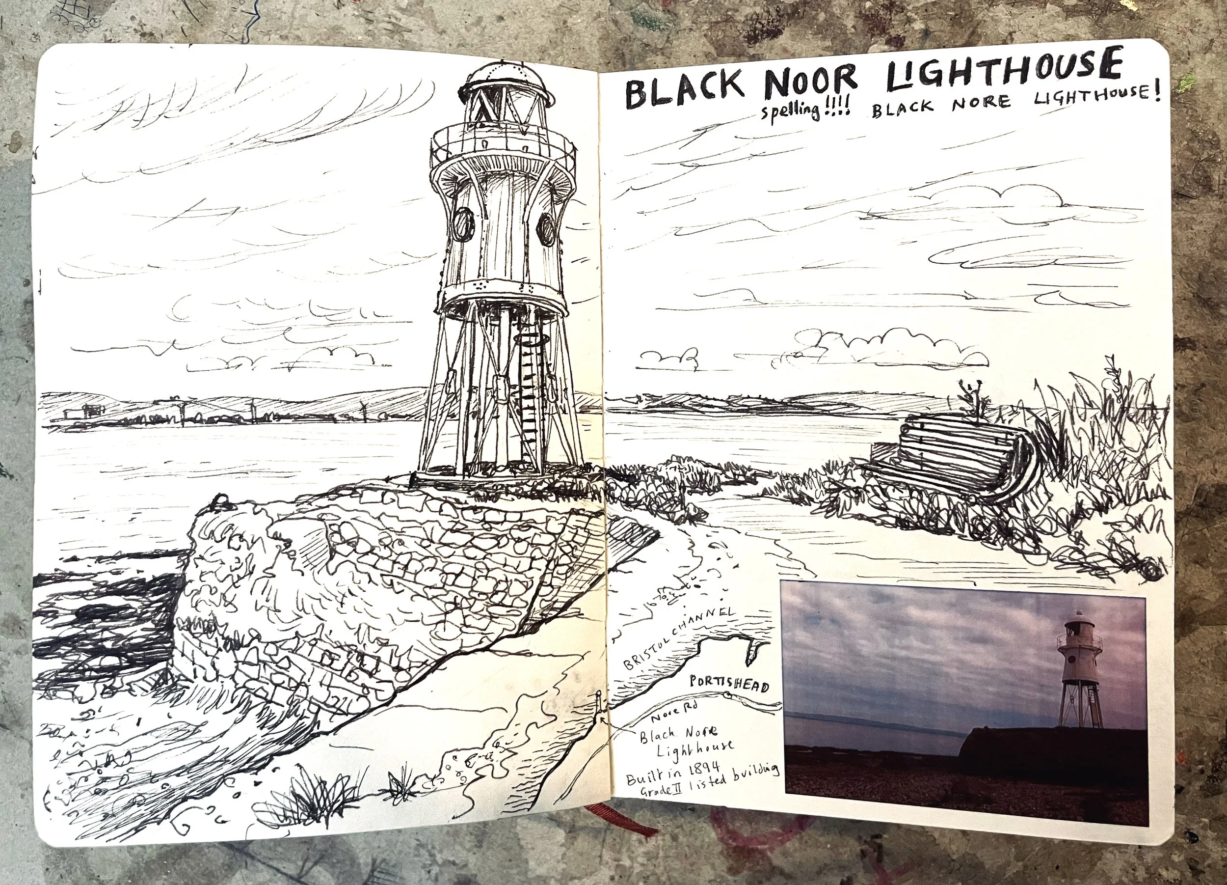 In situ sketch of Black Note Lighthouse at Black Nore Point, Portishead which was built in 1894. I did a little post production work, mainly on the small map and lower beach area, but it's mainly how I drew it in situ.