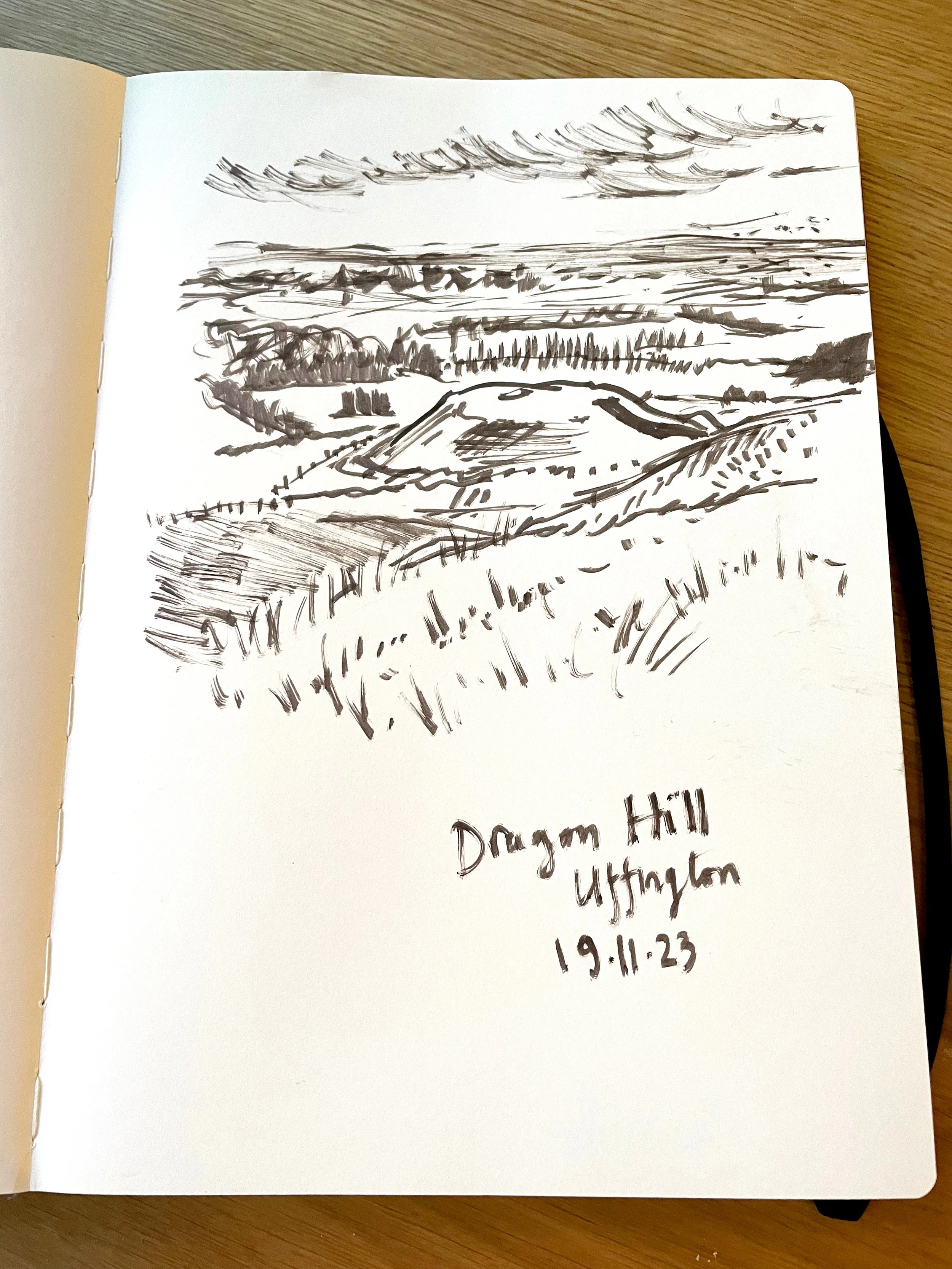 A very quick sketch on Uffington White horse hill of Dragon Hill using a brown paint marker. It was an extremely windy day! 