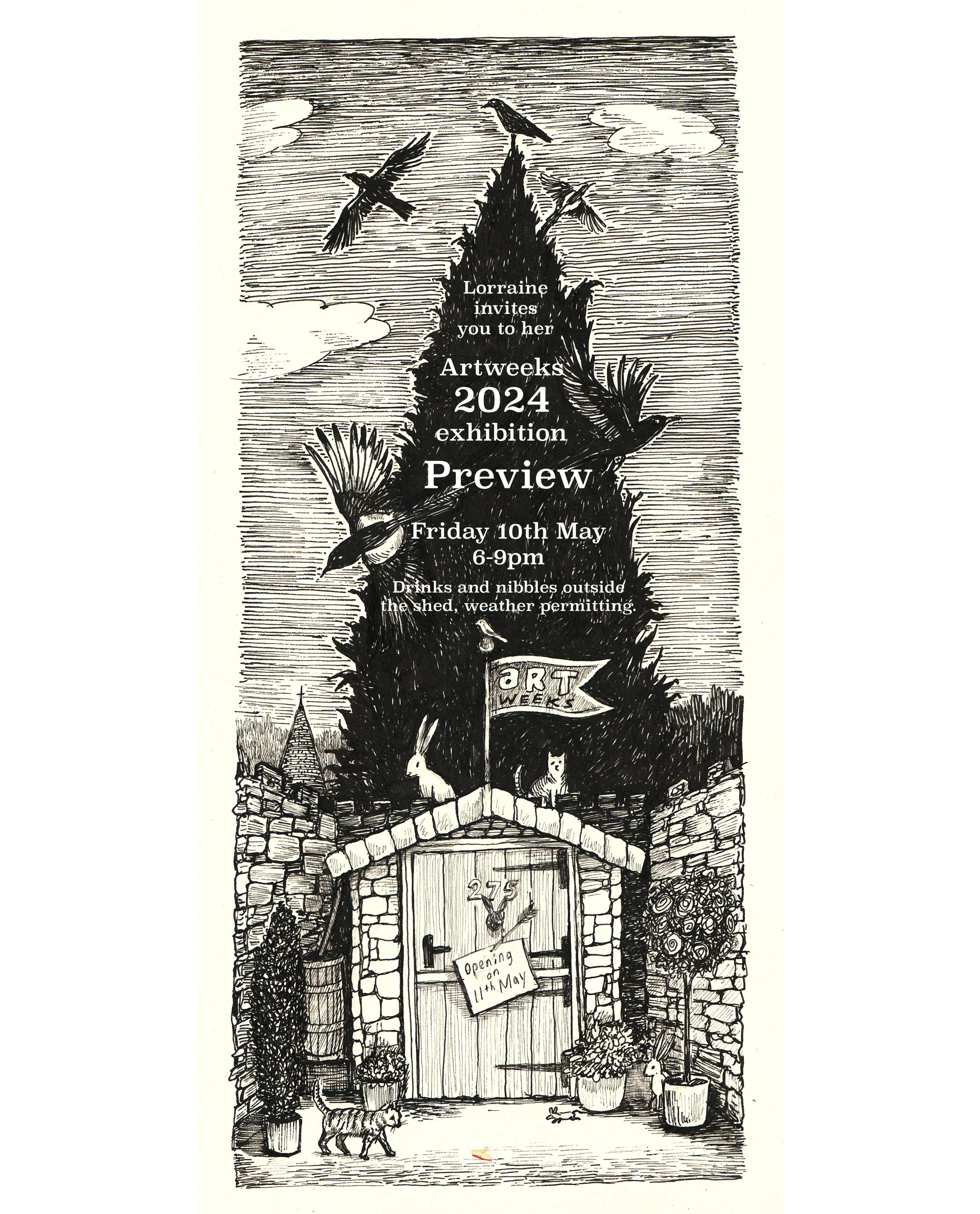 This shed illustration was used for my exhibition for Oxfordshire Artweeks 2024. I exhibited my Inktober Castle illustrations as the main theme and drew my shed in a castle style. 