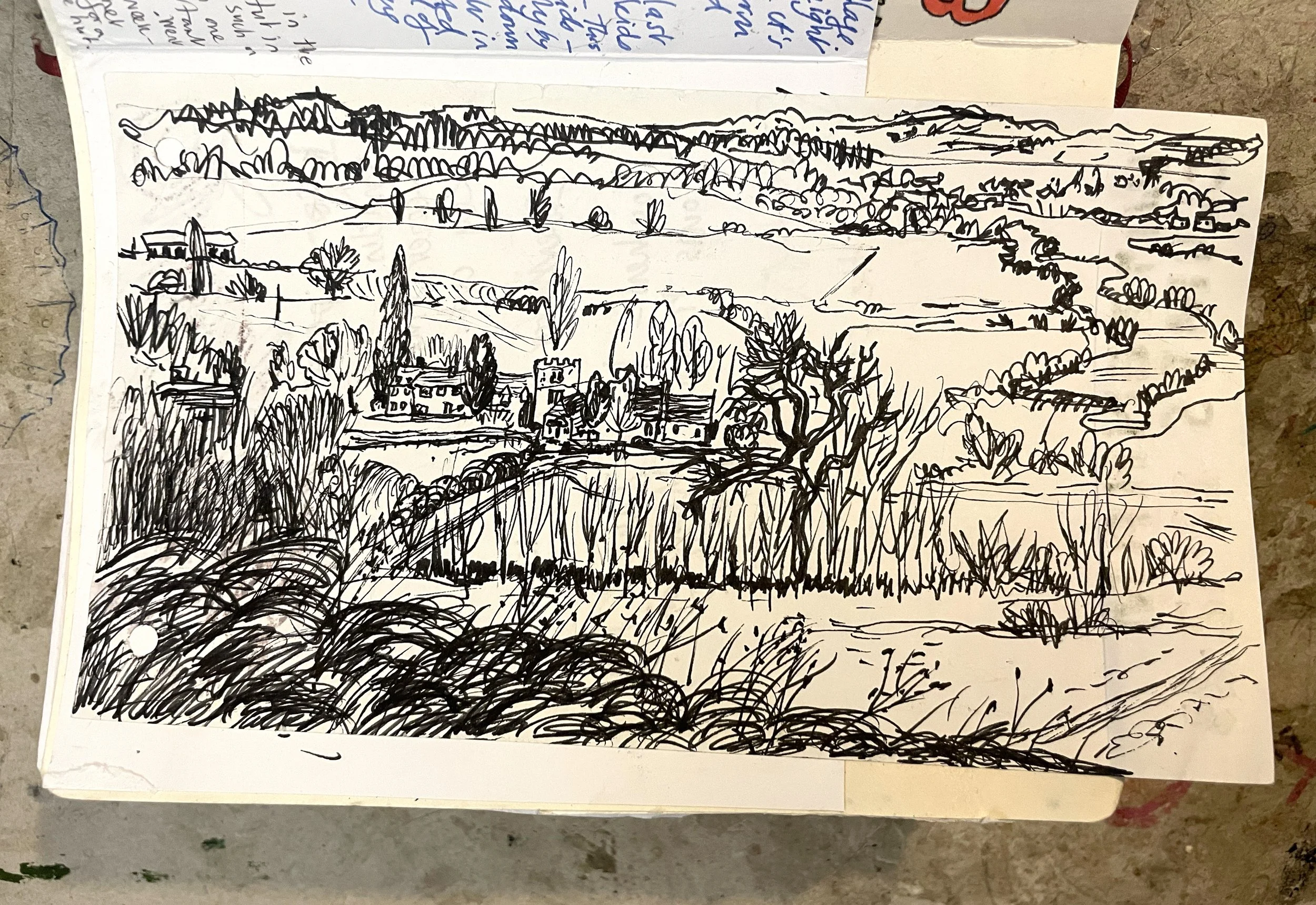 Wittenham Clumps. A quick sketch a sunny, cold but windy day. The view is from the top towards Days Lock.