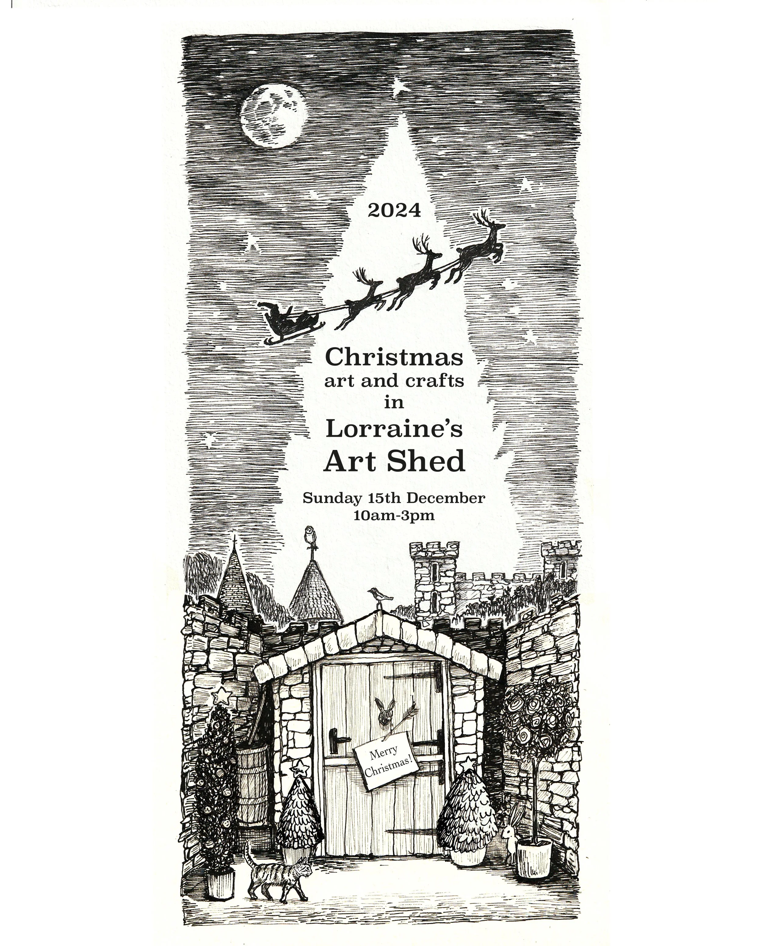 I used this illustration of my art shed to advertise my open shed event at Christmas 2024.