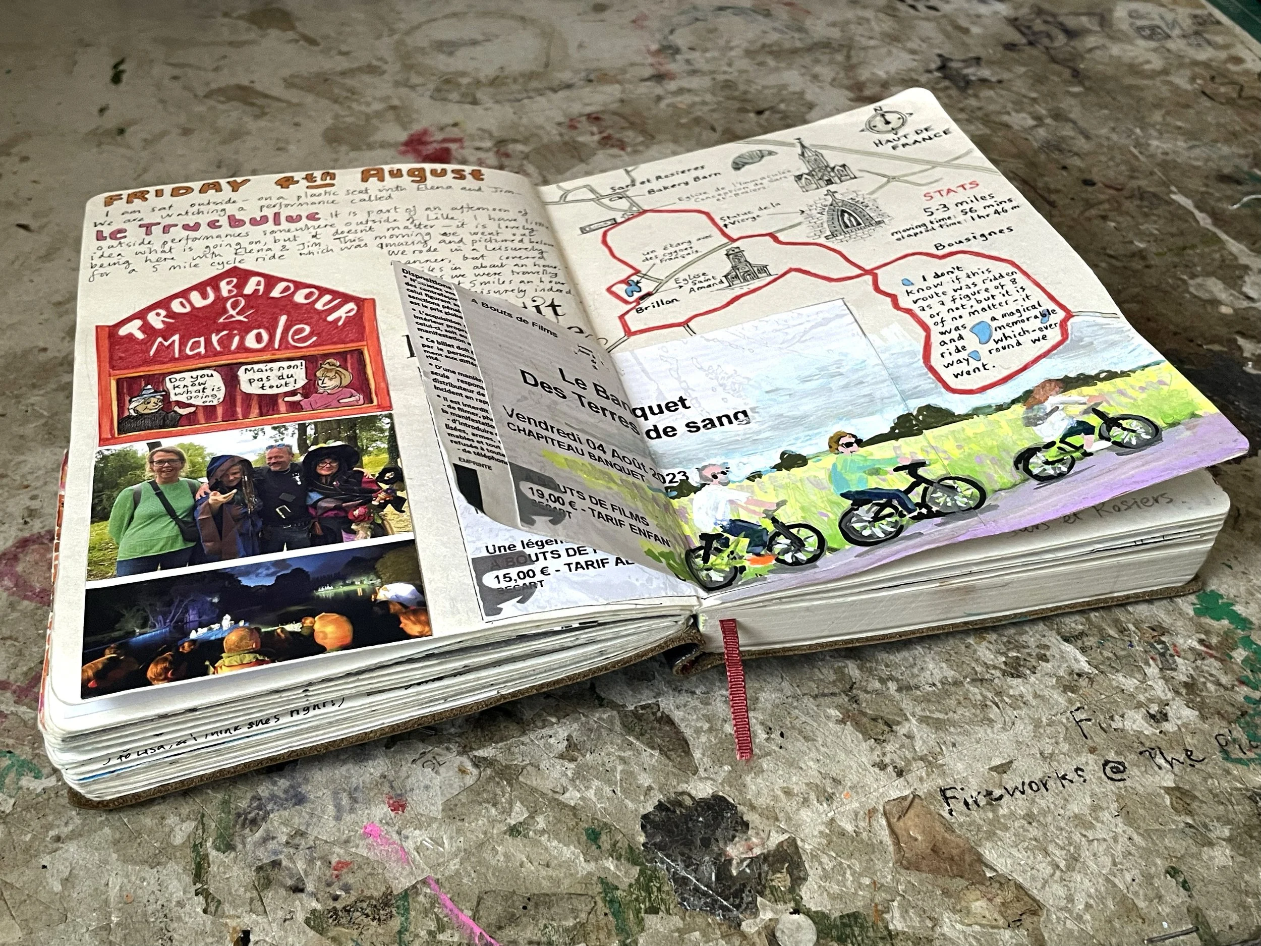 The sketchbook page from a visit to Lille in August 2023 showing use of a flap.