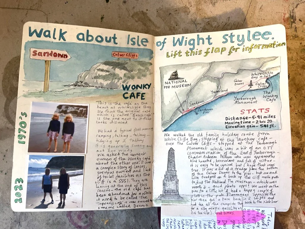 Pages from a camping trip to The Isle of Wight in August 2023.