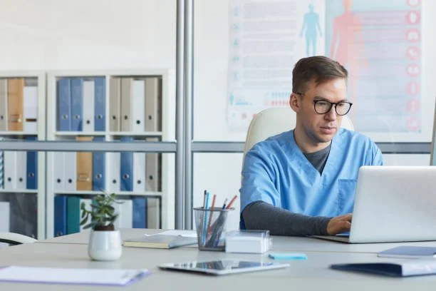A male healthcare professional wearing scrubs and glasses working on a laptop in an office.