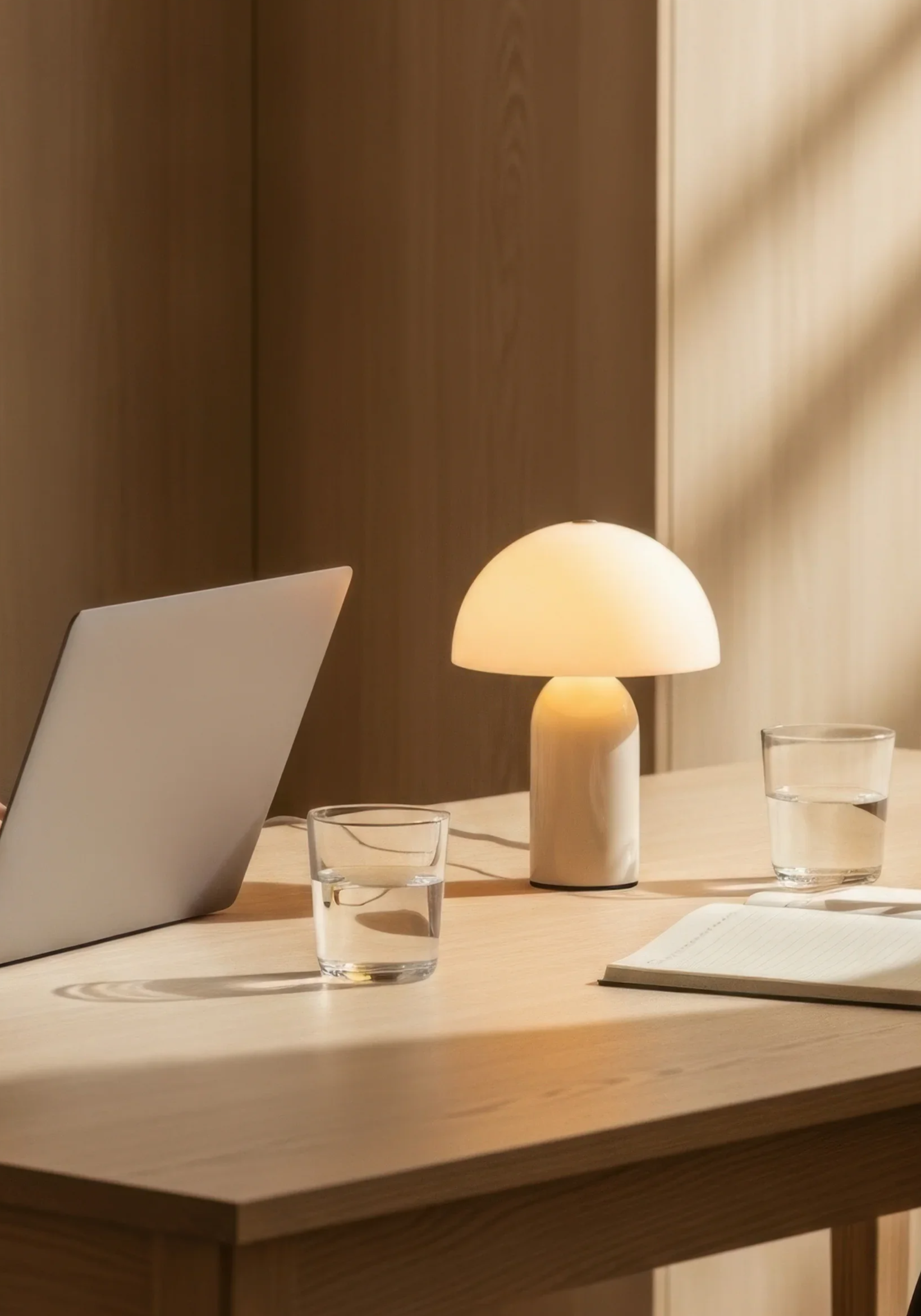 A wooden desk with a laptop, a modern round table lamp, two glasses of water, and an open notebook in a cozy workspace.