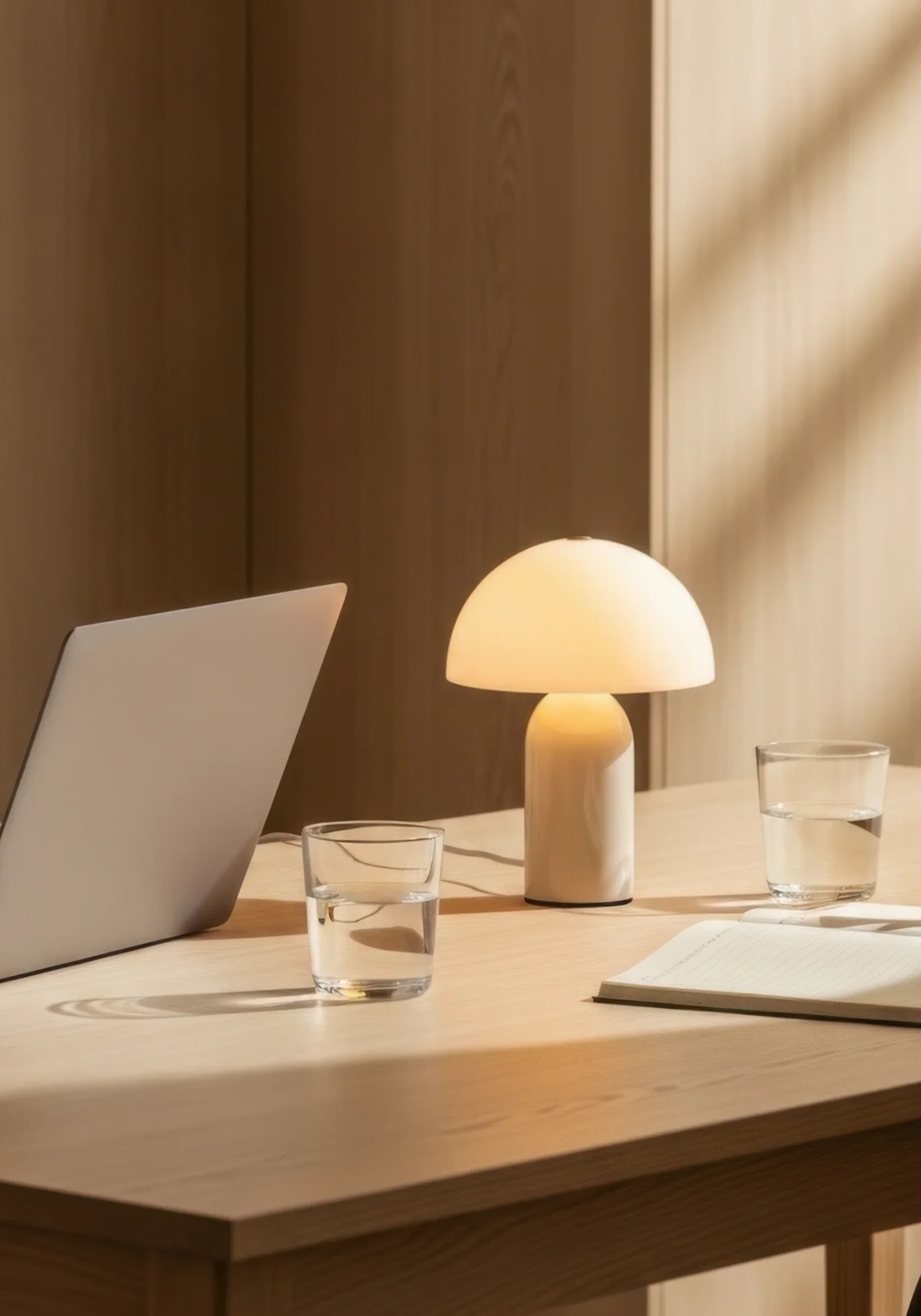 A modern, minimalist desk setup with a closed silver laptop, a small white lamp, two glasses of water, and an open notebook on a light wooden desk against a wooden wall.
