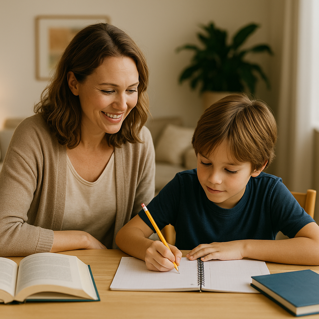 A woman and a young boy sitting at a wooden table, with the woman smiling and watching the boy as he writes in a notebook, surrounded by open books in a cozy home setting.