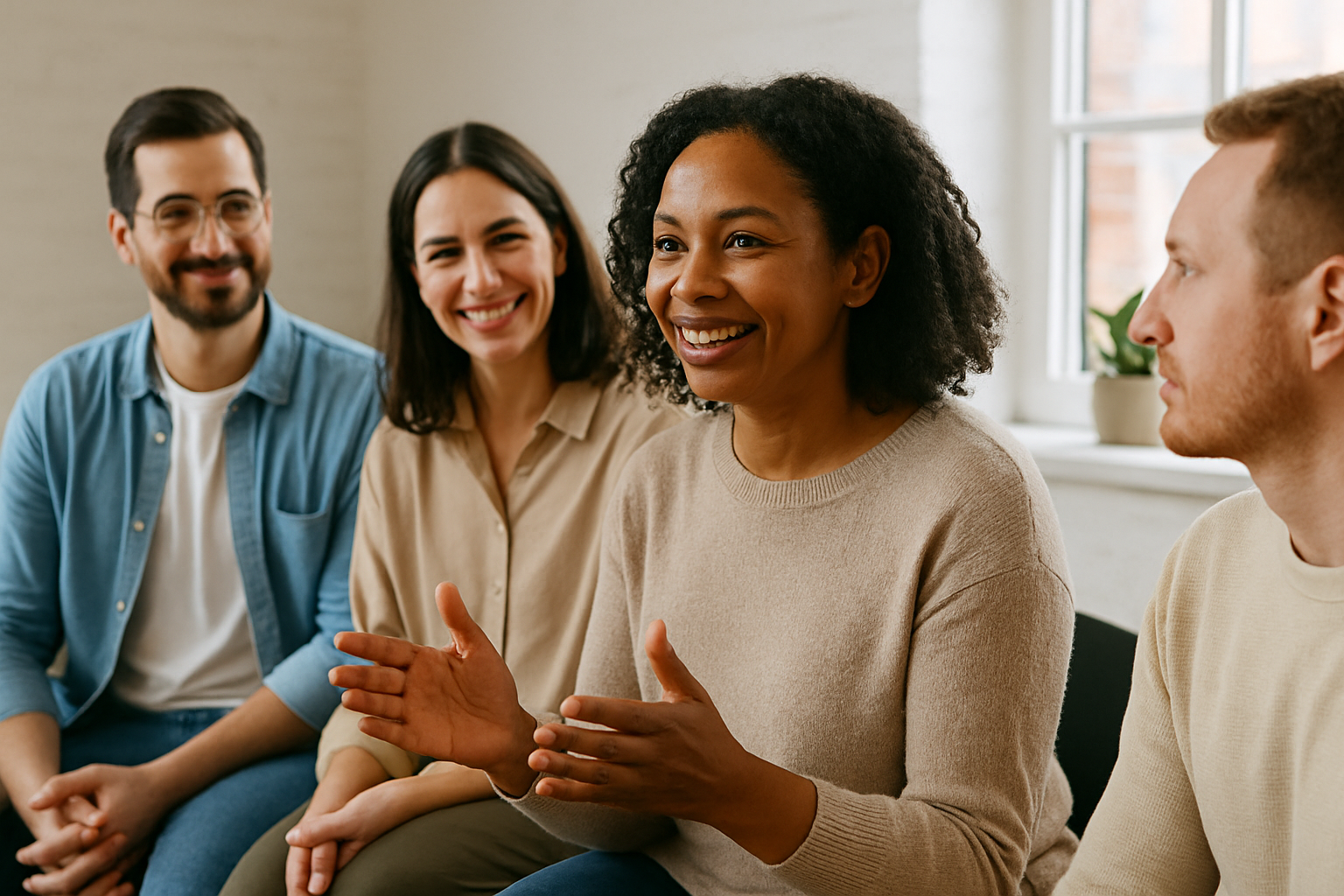 A diverse group of four people, three women and one man, sitting in a bright room, engaged in a lively conversation. A woman in the center is speaking, smiling, and gesturing with her hands.