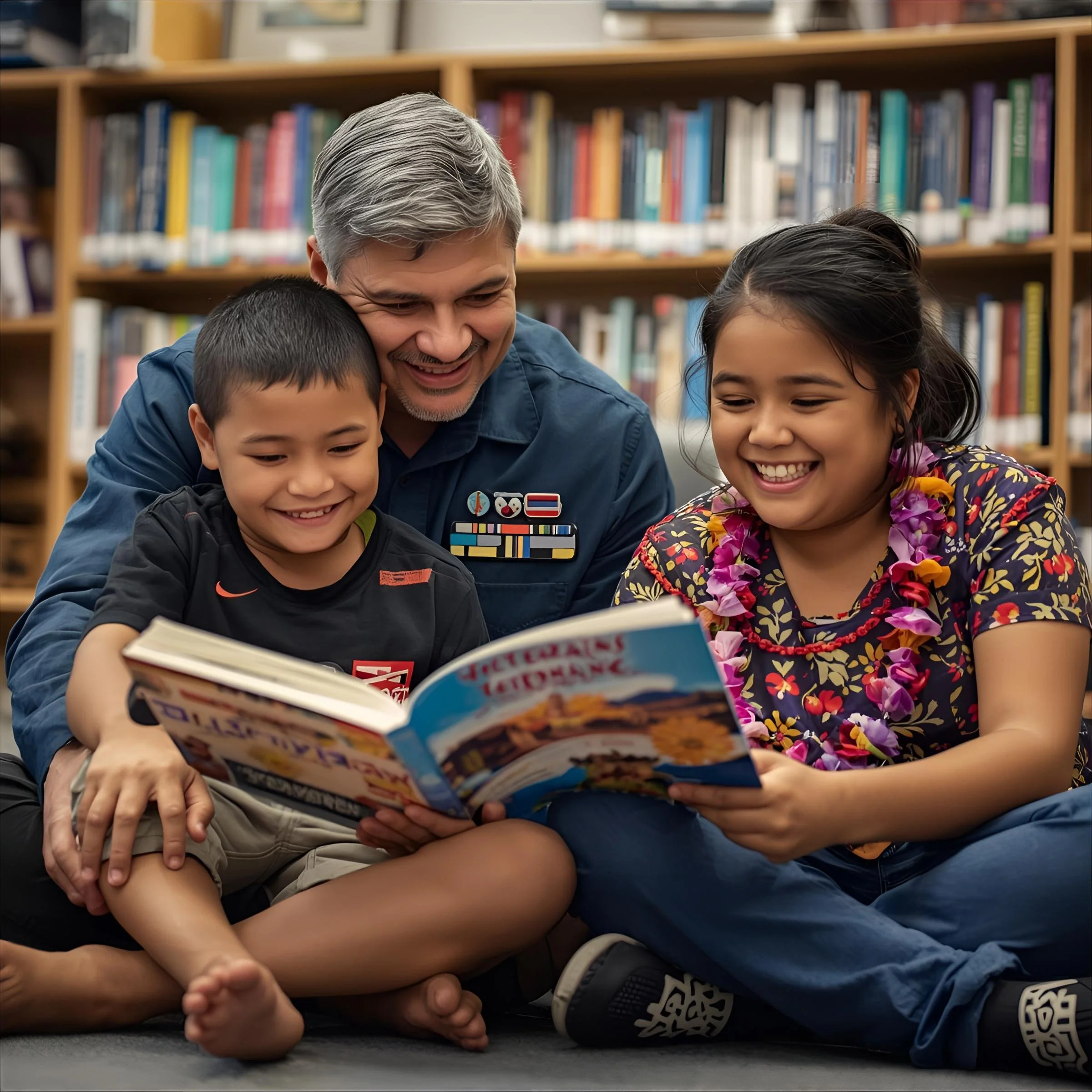 A man with gray hair and a blue military uniform reading a book to two children, a boy and a girl, in a library. They are sitting on the floor, smiling and looking at the book.