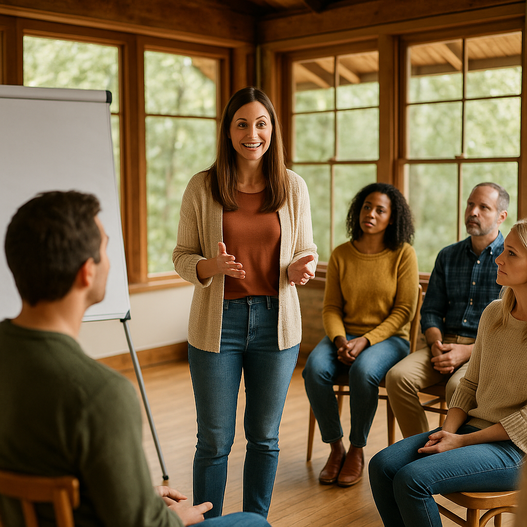 A woman standing and speaking to a group in a room with large windows, with four people seated and listening.