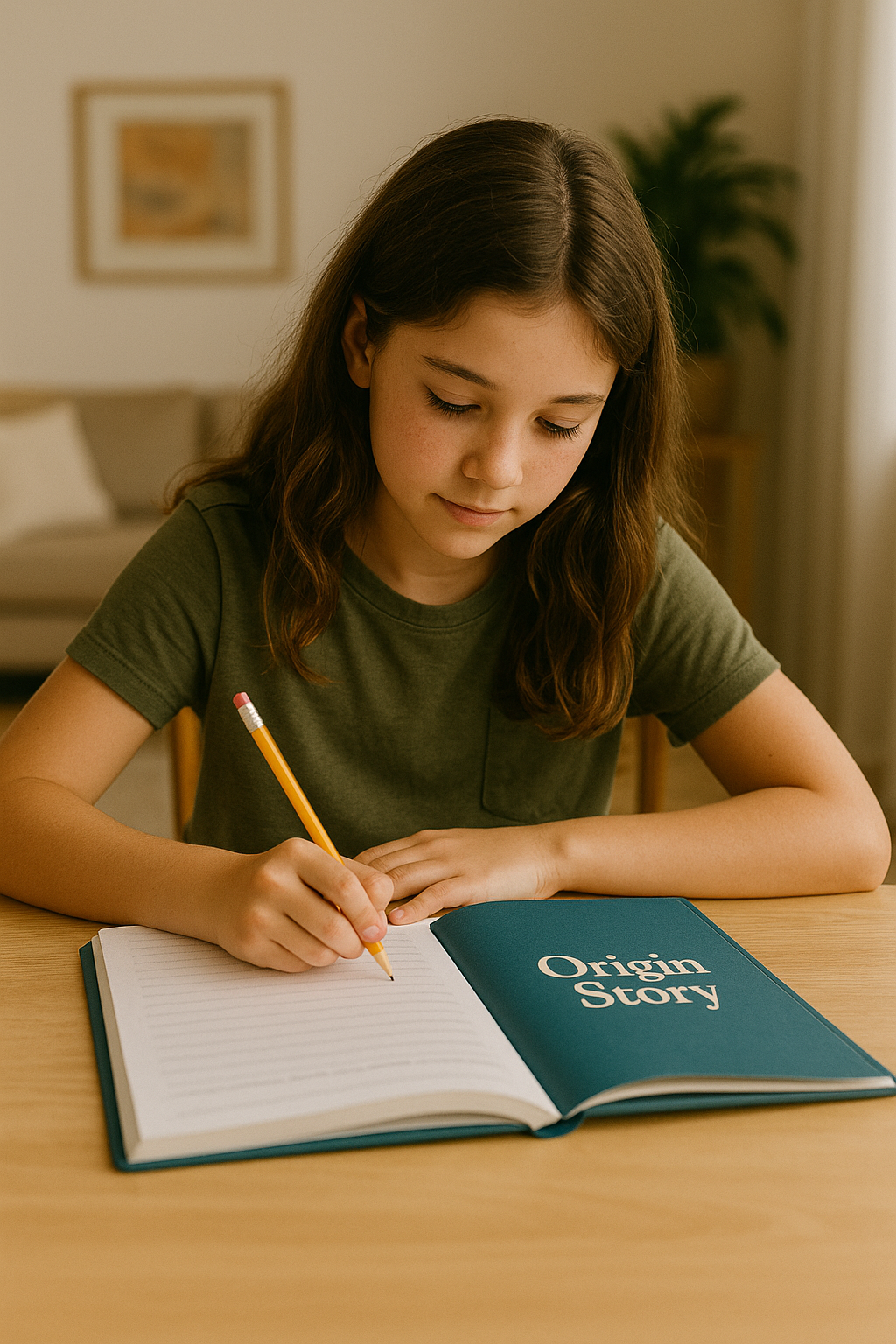 A young girl with long brown hair writing in a notebook with a pencil, sitting at a wooden table at home. The open notebook has 'Origin Story' written on the right page.