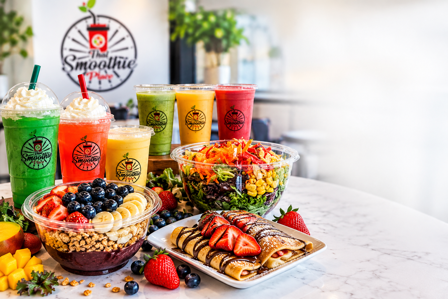 Smoothies, smoothie bowls, salads and crepes, dirty sodas from That Smoothie Place in Damascus, Maryland