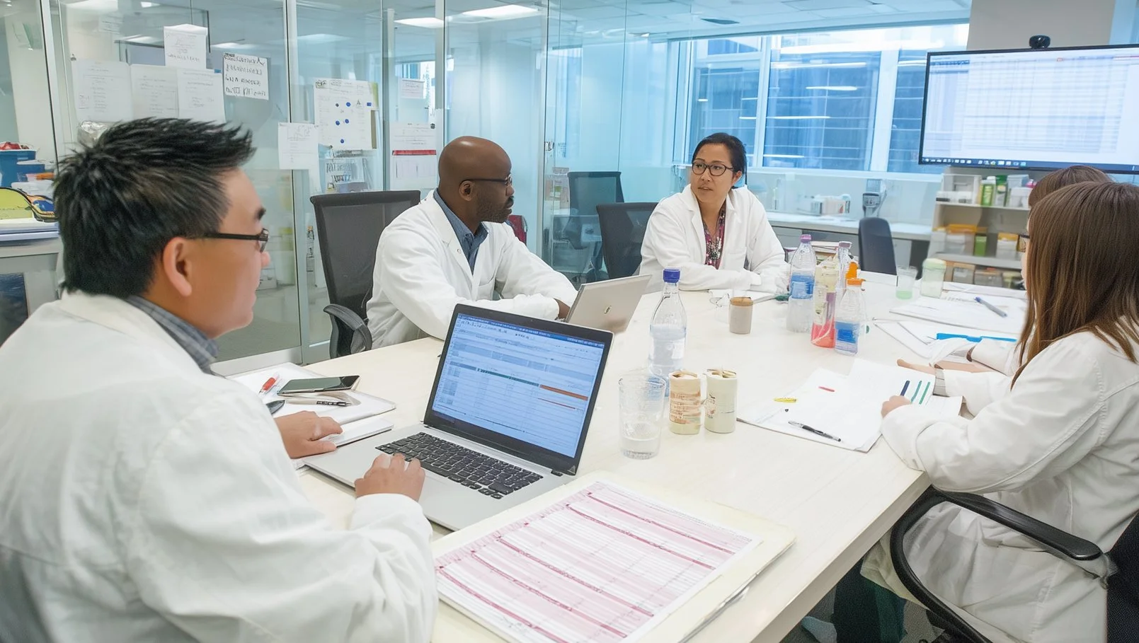 AI image of lab professionals sitting around a conference room table