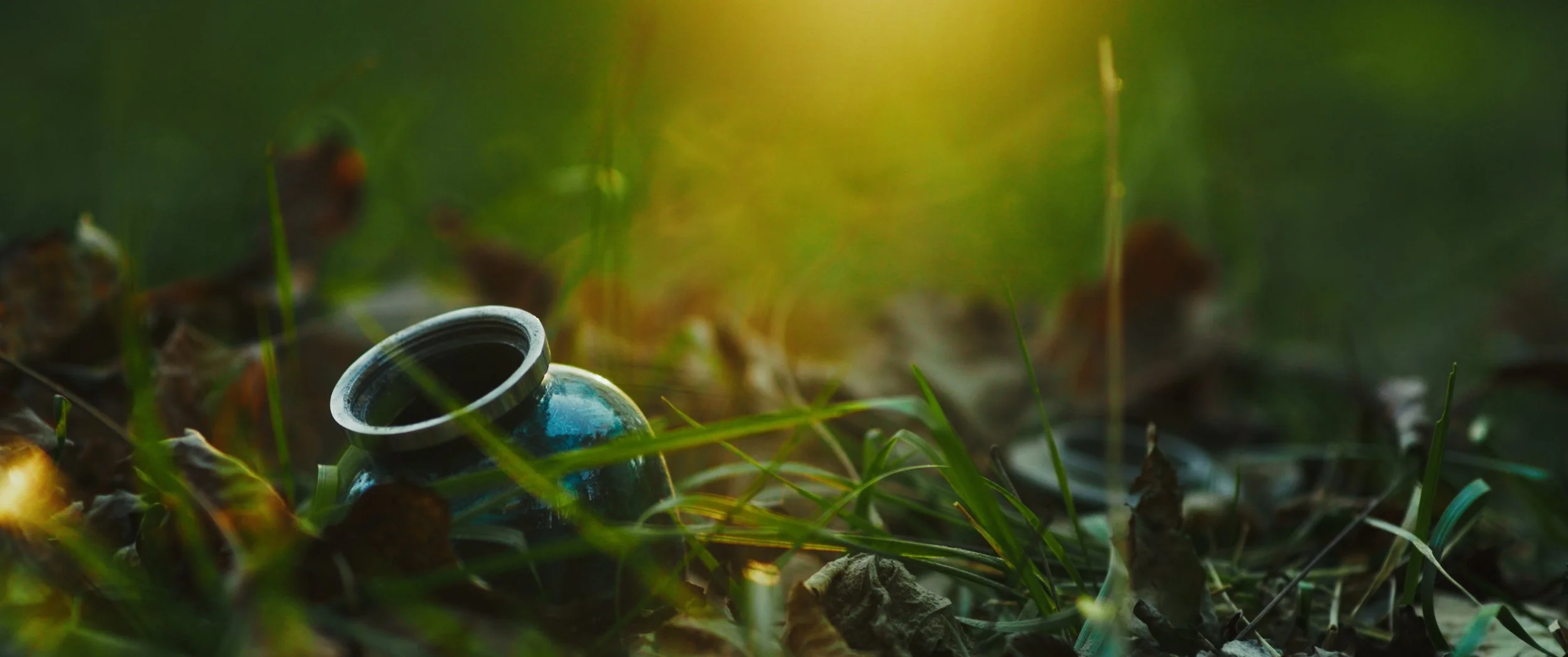 An open ceramic urn lying on the ground among grass and dry leaves in a natural setting