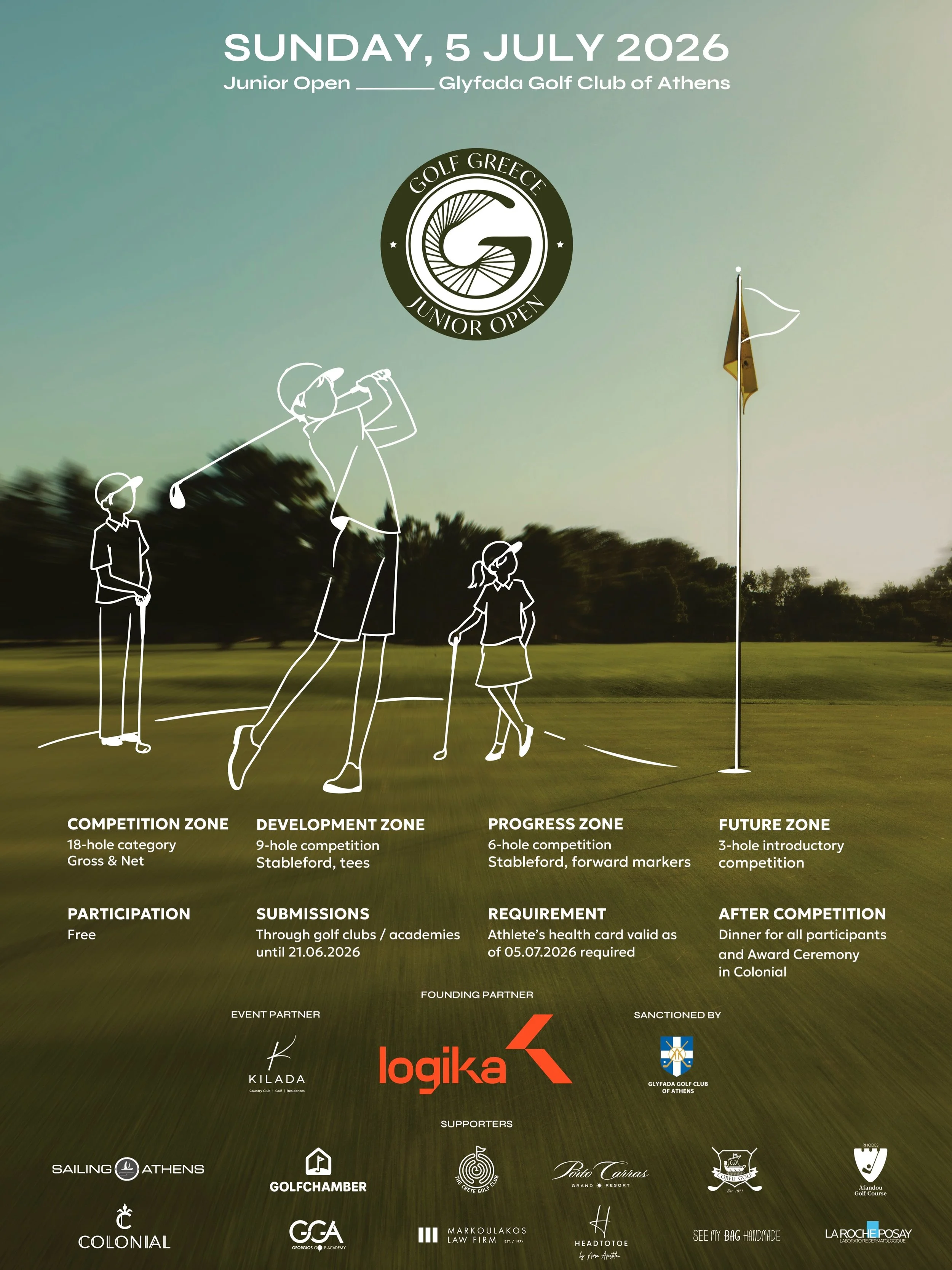 We cordially announce the inaugural Golf Greece Junior Open, a nationwide junior golf tournament taking place on Sunday, July 5, 2026, at Glyfada Golf Course of Athens. The event is open to junior athletes under 18 years of age who hold a valid athle