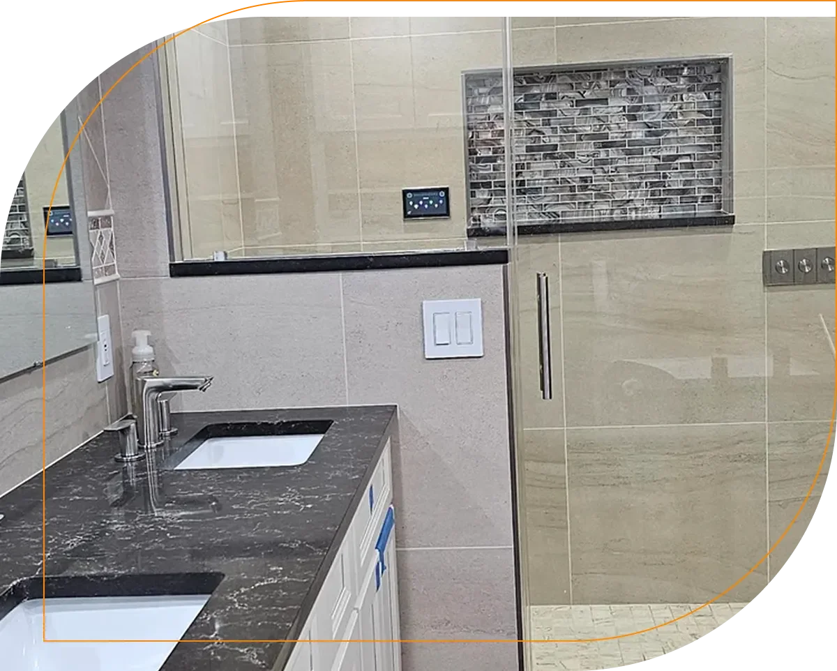 Granite vanity with glass shower