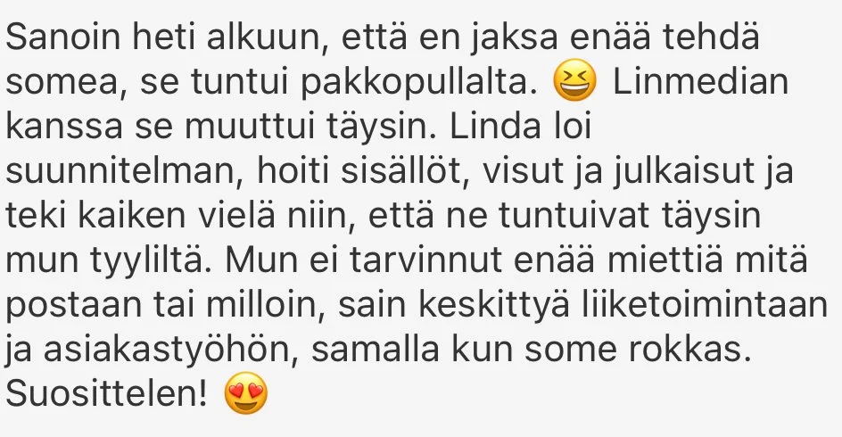 Asiakkaan palaute teksti, jossa asiakas kertoo olevansa tyytyväinen linmedian palveluihin. Kokemus oli hyvä.