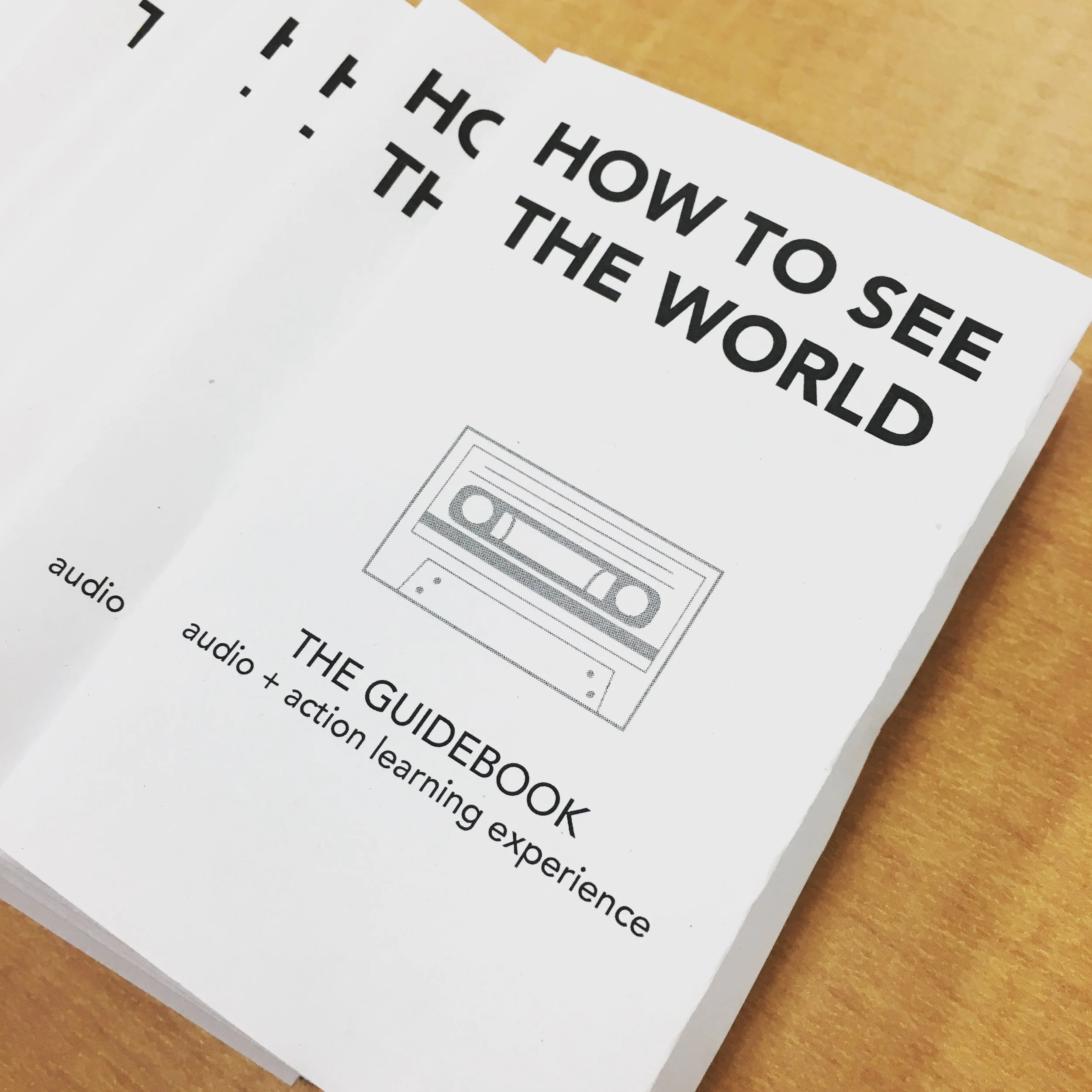 Close-up of a printed page titled "HOW TO SEE THE WORLD" with some text about learning and experiencing, on a wooden surface.