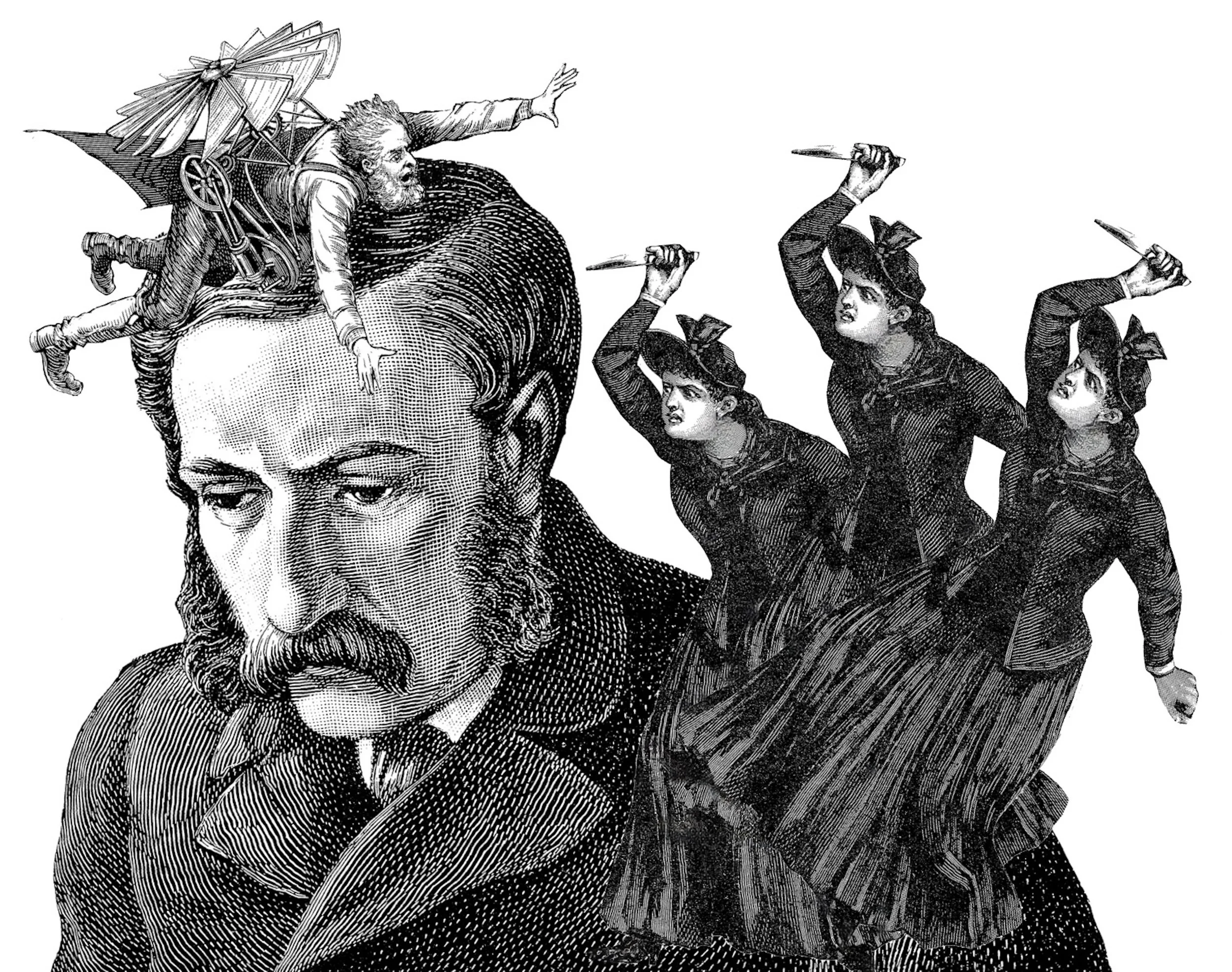 A black and white collage featuring the repeated image of a woman with a knife raised above her head sitting on the shoulder of a man who also has a man in a primitive flying machine on top of his head