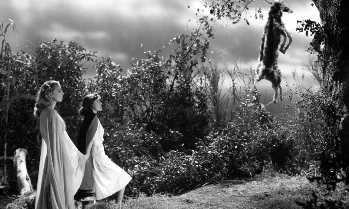 Two women walk together in the wilderness and see an animal hanging from a tree in I Walked With a Zombie