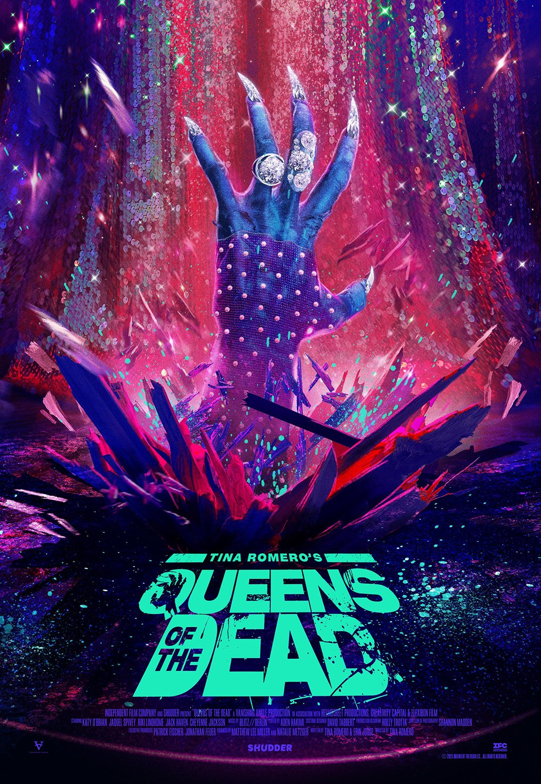 Queens of the Dead movie poster, featuring a zombie drag queen hand with rings and long nails, bursting through a floor