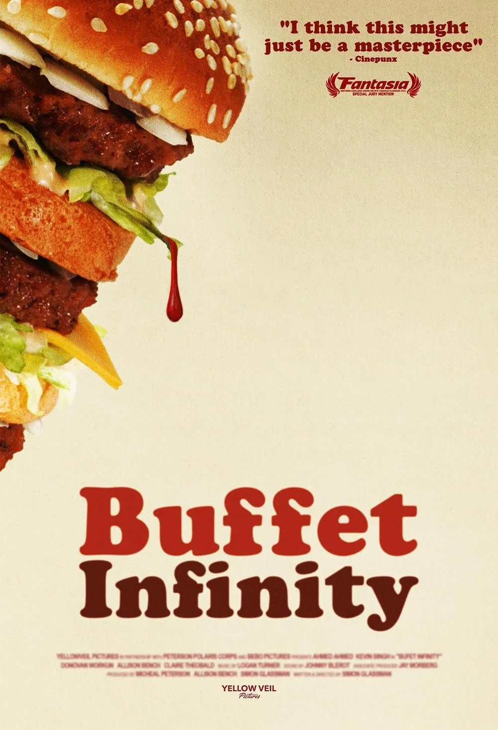Poster for Buffet Infinity featuring a tall stacked burger dripping ketchup or blood