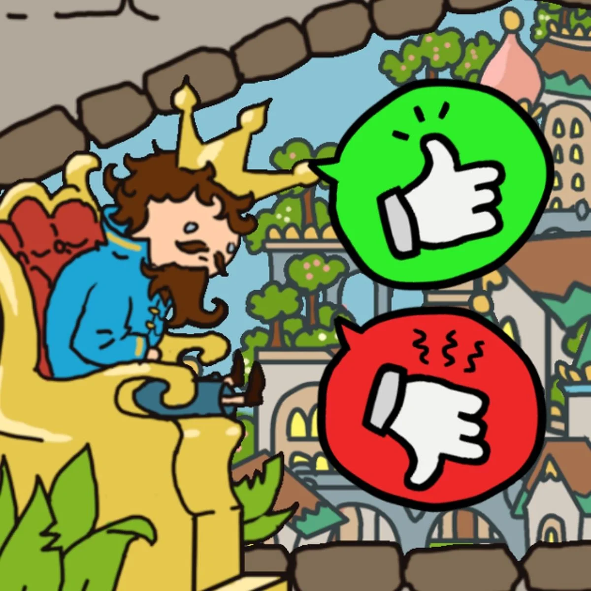 A king sits on his throne next two large icons, one a thumbs up and one a thumbs down.