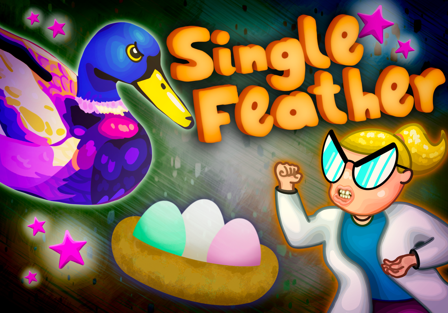 A technicolour duck and angry woman in a lab coat appear ready to fight. Text reads "Single Feather".