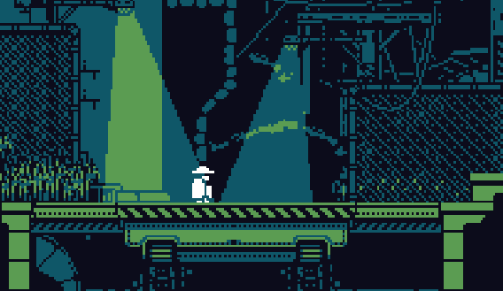 Pixel art. A small figure stands against an overgrown urban background.