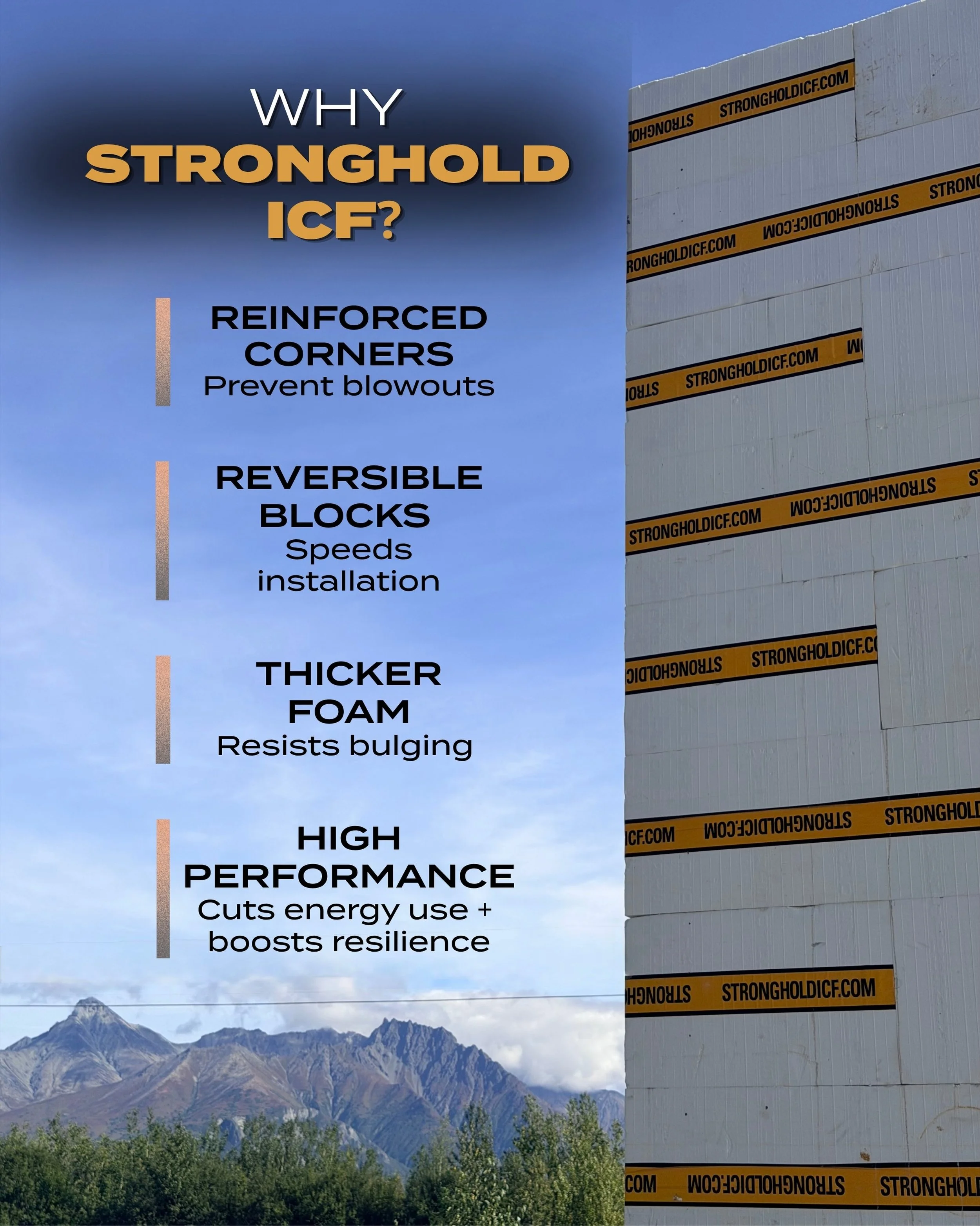 Why Stronghold ICF?

Not all ICF systems are built the same. Stronghold ICF takes a proven high-performance building system and improves the details that matter on the jobsite.

🔸 Reinforced corners add stability and help prevent blowouts. 
🔸 Rever