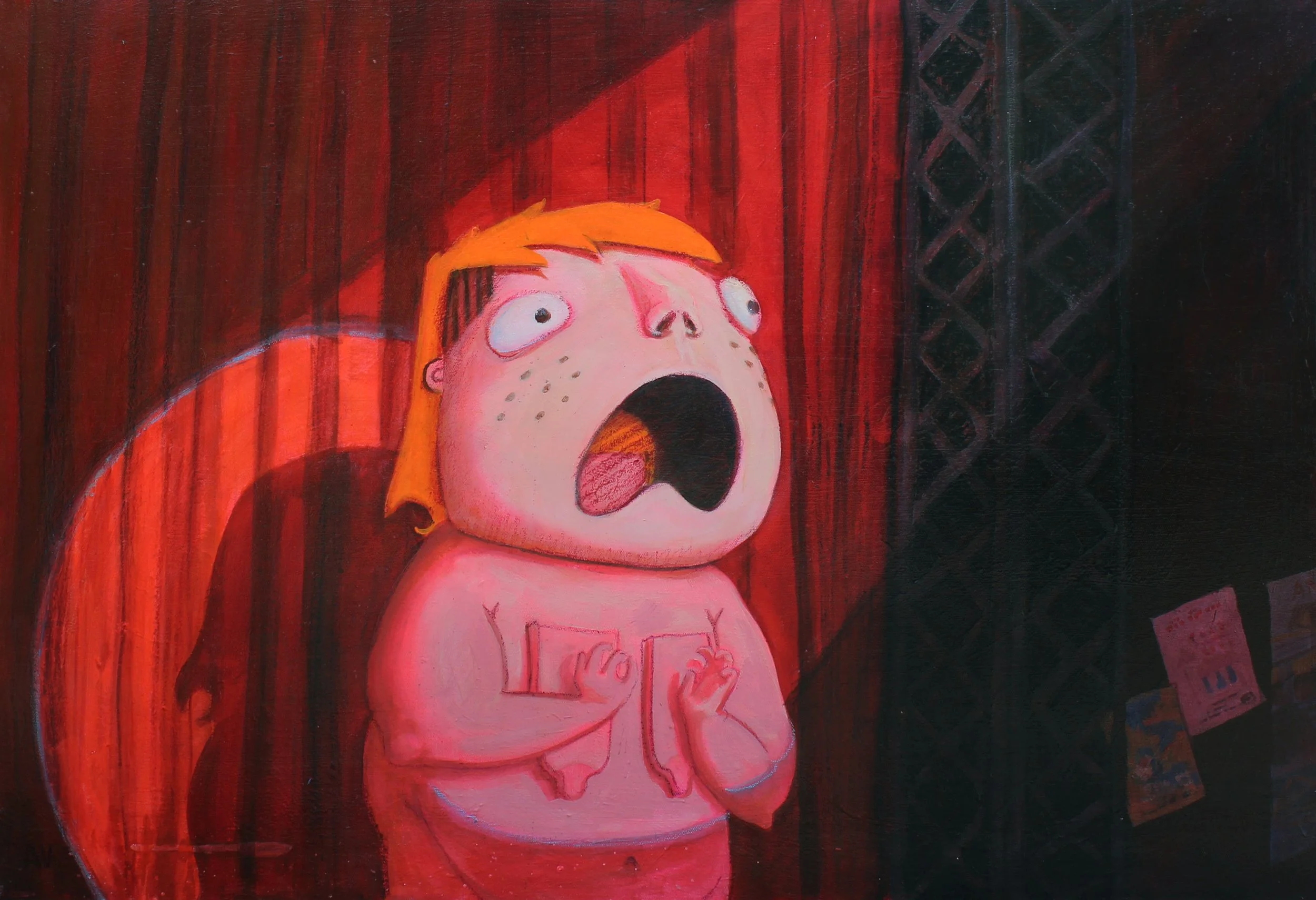 "Monologue" Film still. Oil and oil pastel on canvas. $900. Originally published in issue 11 of Fruitslice magazine.