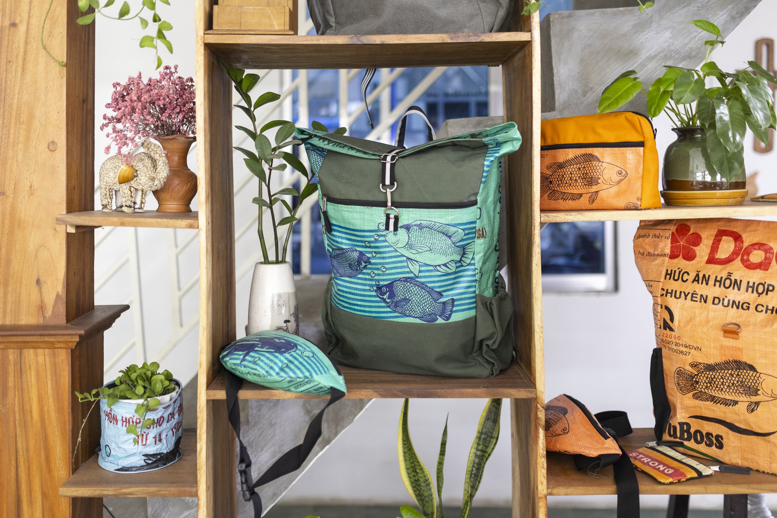 Up-cycled fish feed material handmade bag