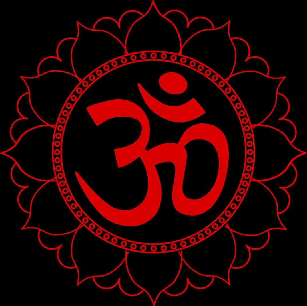 Red Om symbol at center surrounded by a floral design on a black background.