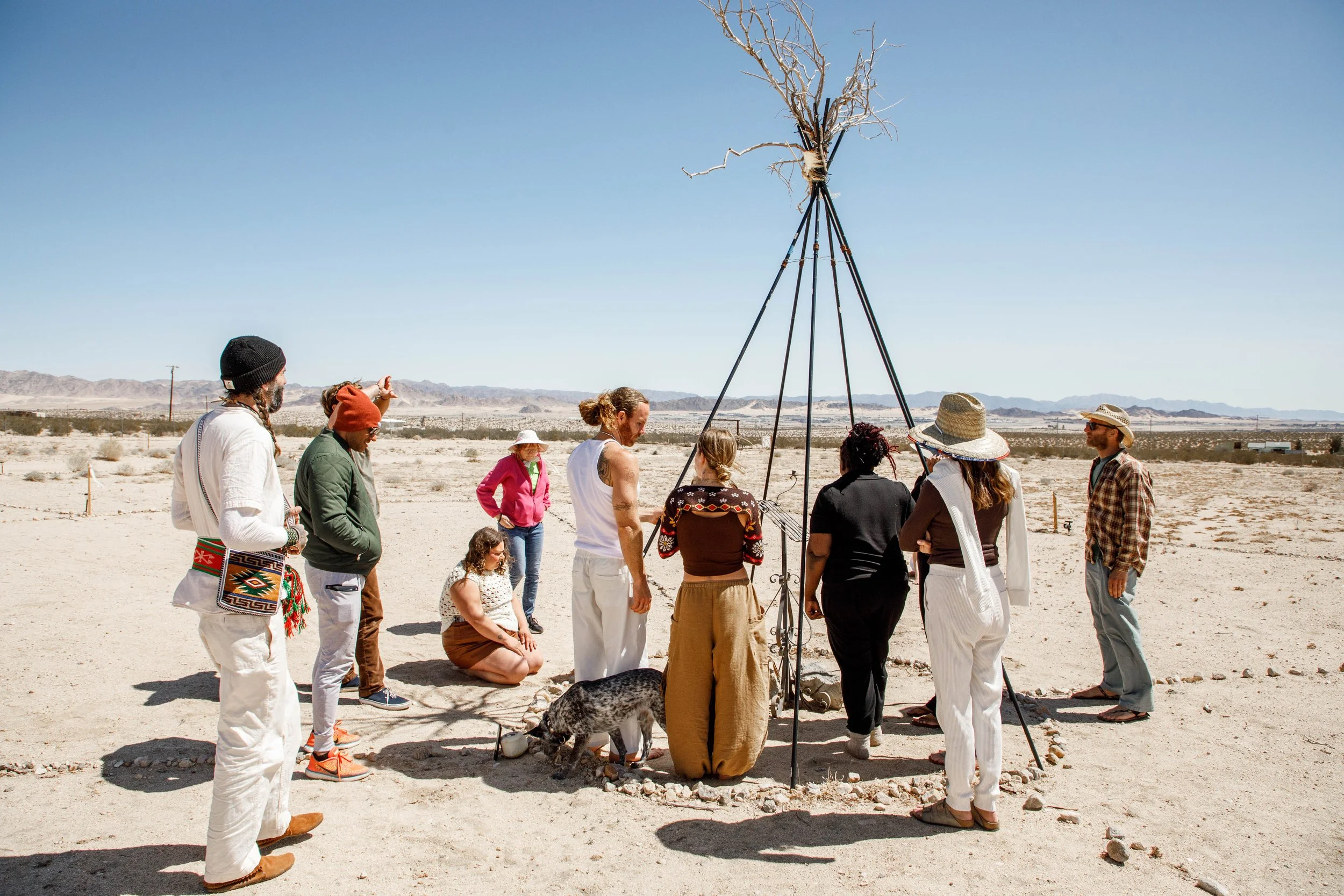 Group of people gathered outdoors in a desert landscape around a tall, abstract sculpture made of sticks and tree parts, with mountains in the distance and clear blue sky.