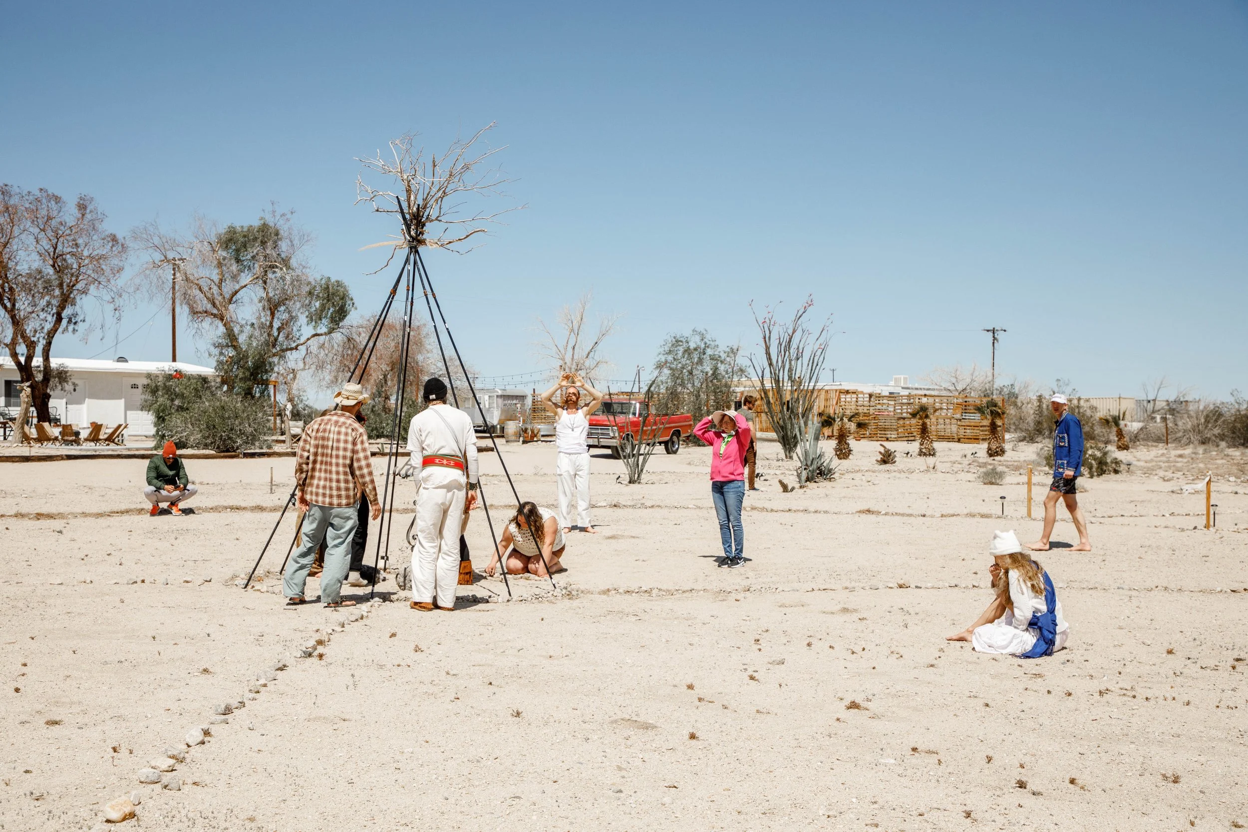 A group of people working together outdoors in a desert landscape, planting a tree with a tripod and measuring tools, while others observe or sit on the sand.