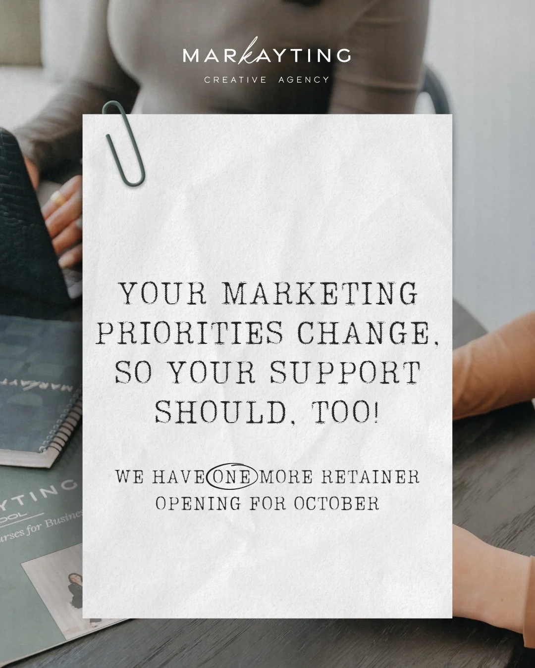 If your marketing keeps getting pushed to &ldquo;when there&rsquo;s time,&rdquo; we should talk.⁠
⁠
Maybe your website needs updating, your email list hasn&rsquo;t heard from you in a while, or you have a promotion coming up and need help pulling it 