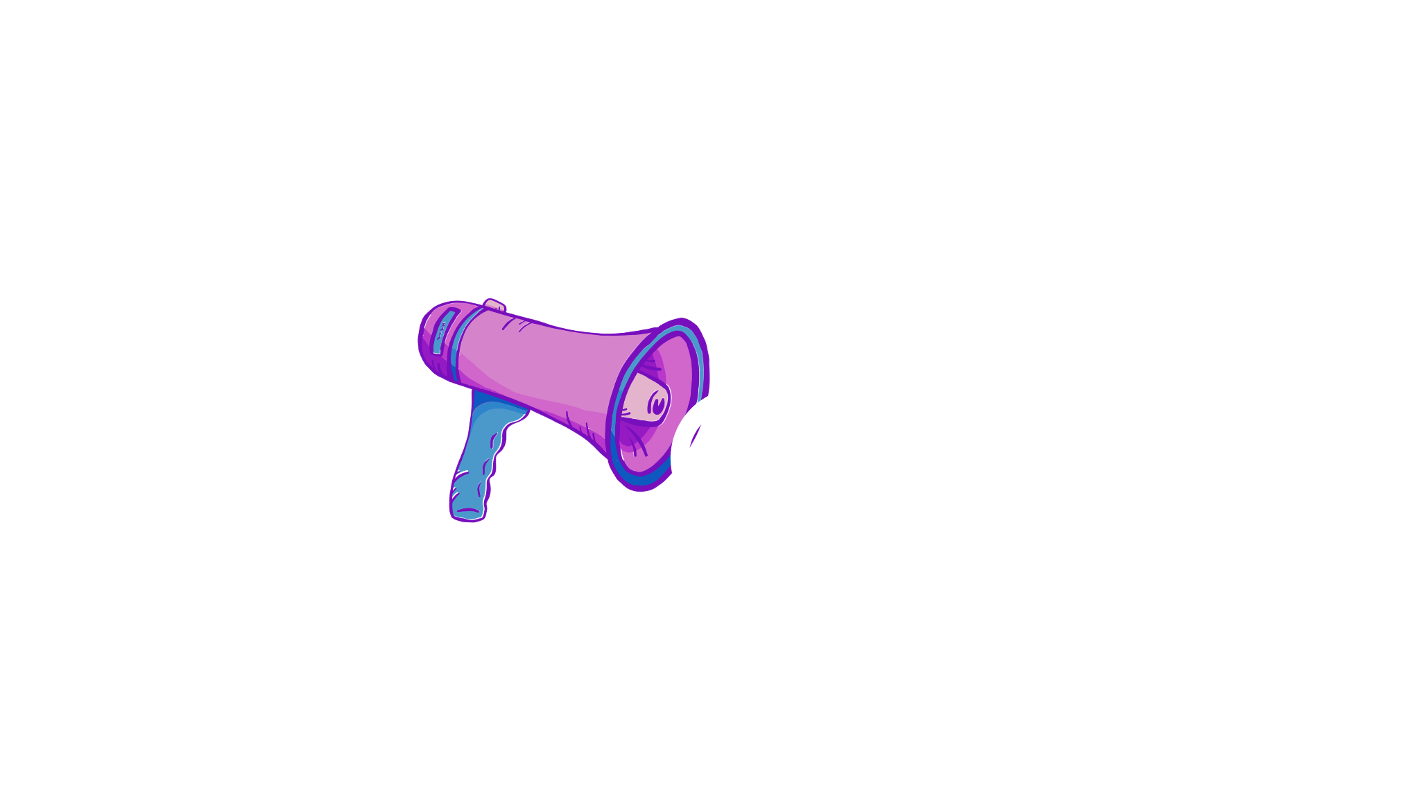 Purple megaphone pointing to a white button with black outline and text that says 'CLICK HERE' with a right arrow icon.