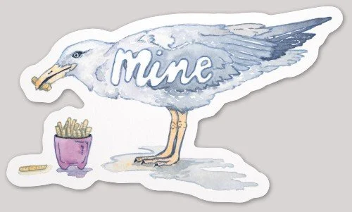 Cheeky seagull watercolor sticker with 'Mine' lettering clutching a stolen french fry — Oregon Coast watercolor art by Christina Carlsen, a playful coastal piece.