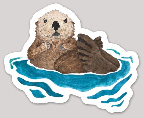 Adorable sea otter floating on its back in teal water — Pacific Northwest watercolor ocean art sticker by Christina Carlsen, charming Oregon Coast art.