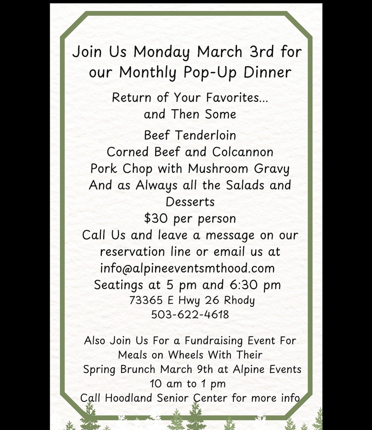 Our monthly pop-up dinner is happening tomorrow! Seatings at 5:00 pm &amp; 6:30 pm, $30 per person. Call us at 503-622-4618 to leave a message on our reservation line or email us at info@alpineeventsmthood.com to reserve your spot! #BusyBeeCatering ?