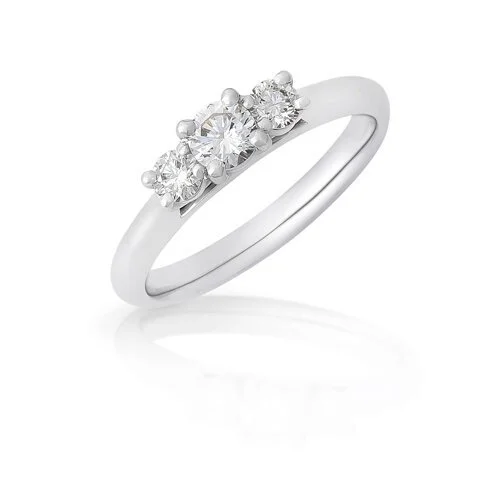 White gold ring with three small diamonds on top.