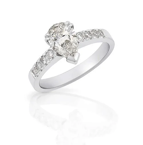 Diamond engagement ring with a central stone and smaller stones on the band.