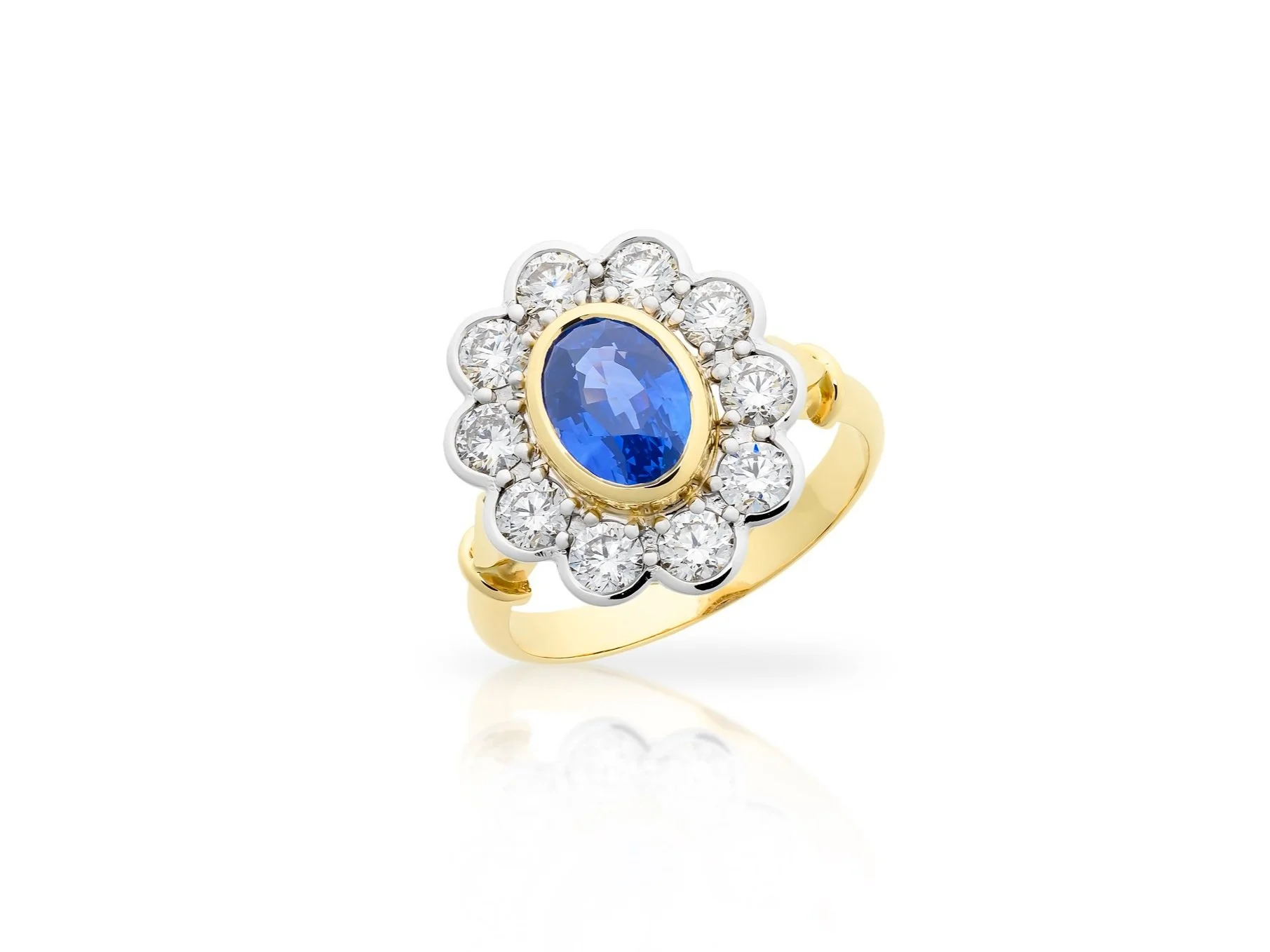 Gold ring with a central blue gemstone surrounded by diamonds on a white background.
