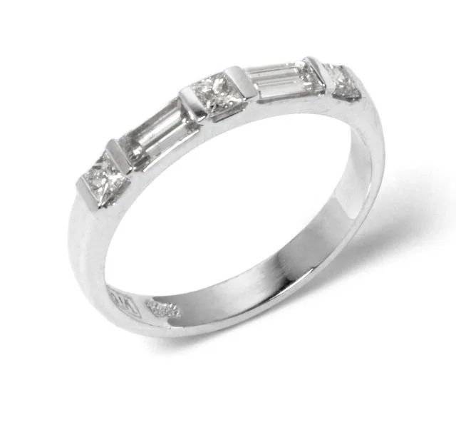 White gold ring with multiple small rectangular diamonds set along the top