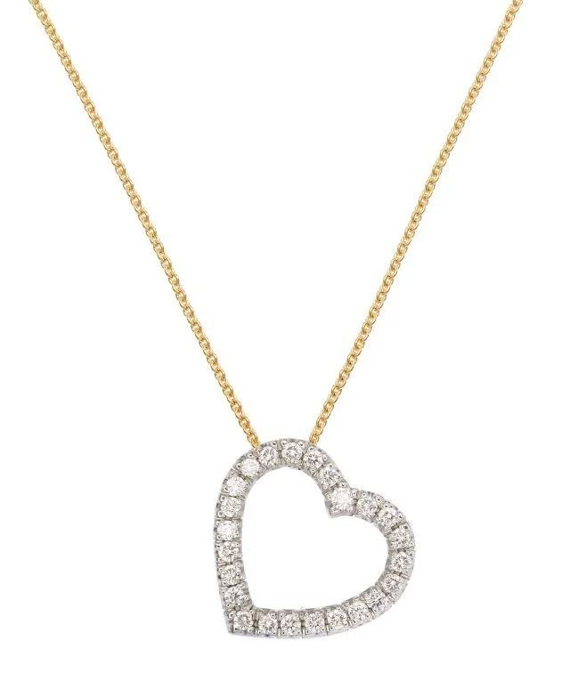 Gold chain necklace with a heart-shaped pendant encrusted with diamonds.